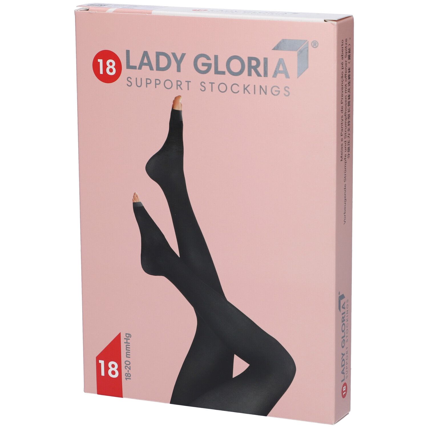 Confezione di calze Ladygloria. Calze nere a punta aperta. Stampa: 18-20 mmHg.