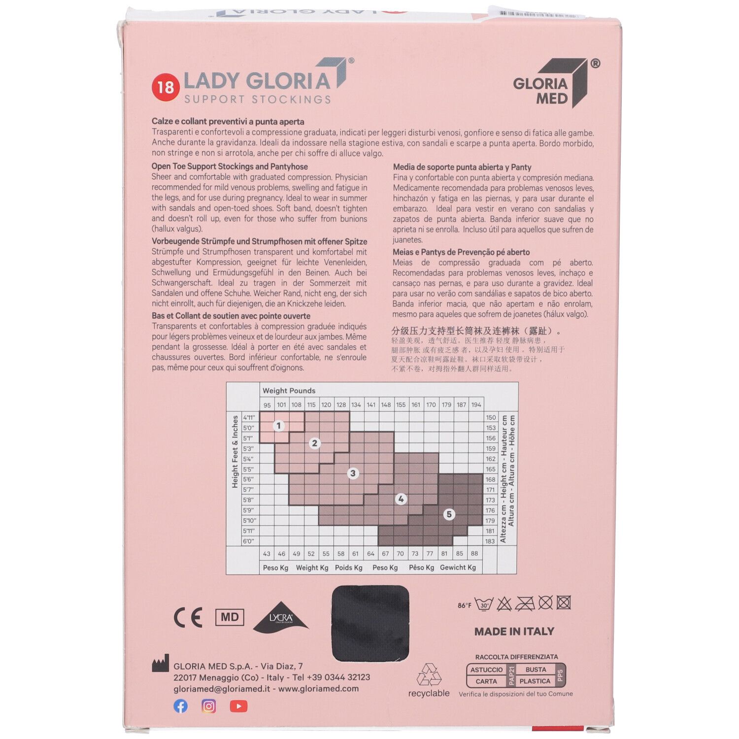 Retro della confezione. Calza nera a punta aperta. Testo e tabella taglie.