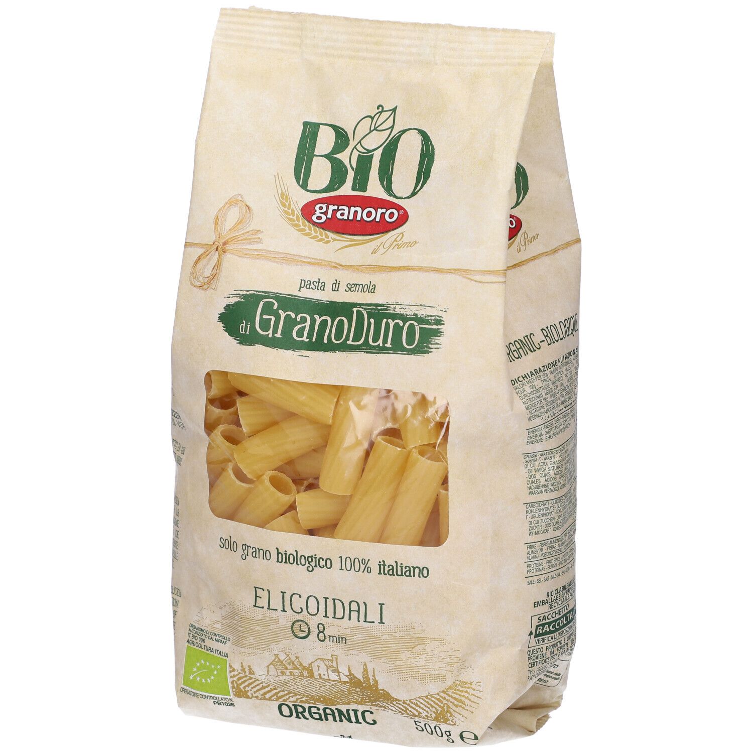 Confezione di pasta Elicoidali. Finestra trasparente mostra la pasta. Logo Granoro e marchio bio.