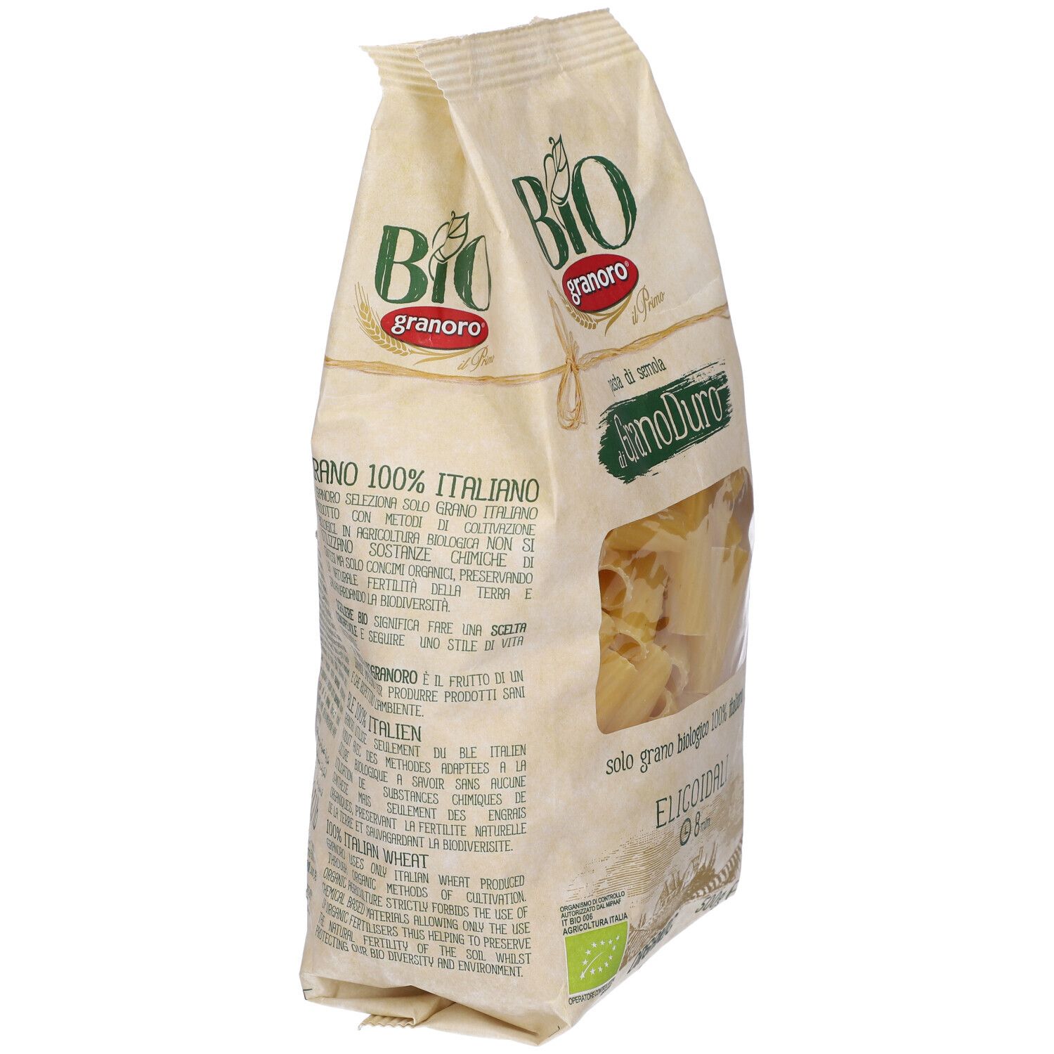 Confezione di pasta Elicoidali, vista laterale con testo. Logo Granoro e marchio bio.