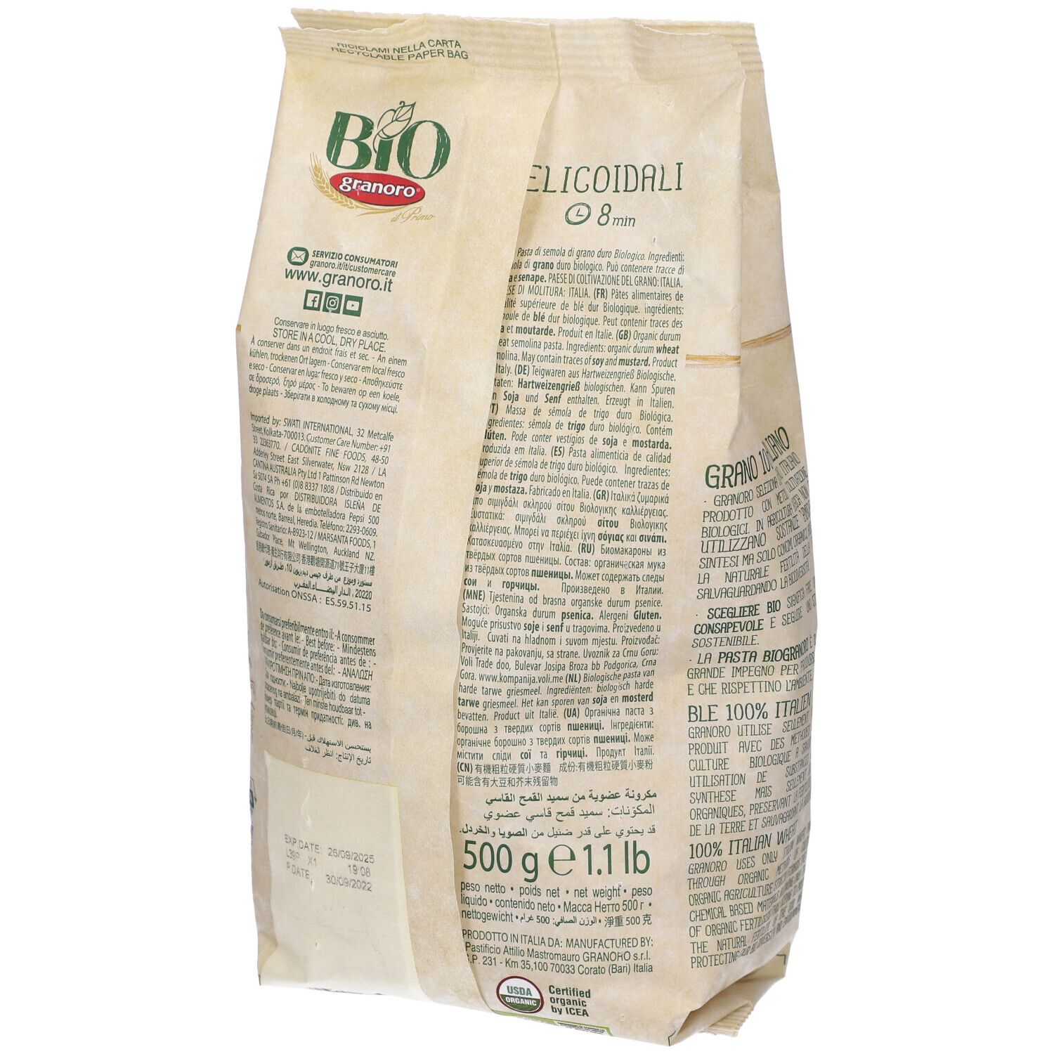 Retro della confezione con testo. Logo Granoro e marchio bio. Pasta non visibile.