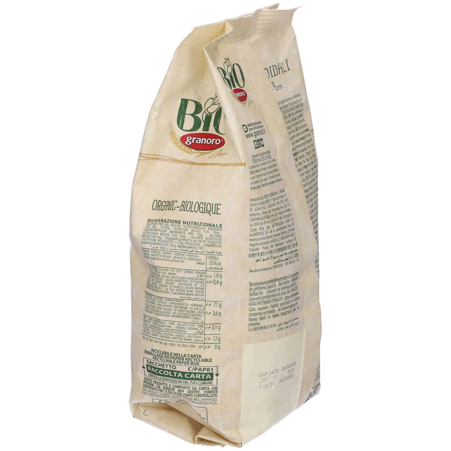 Vista laterale della confezione con testo. Logo Granoro e marchio bio. Pasta non visibile.