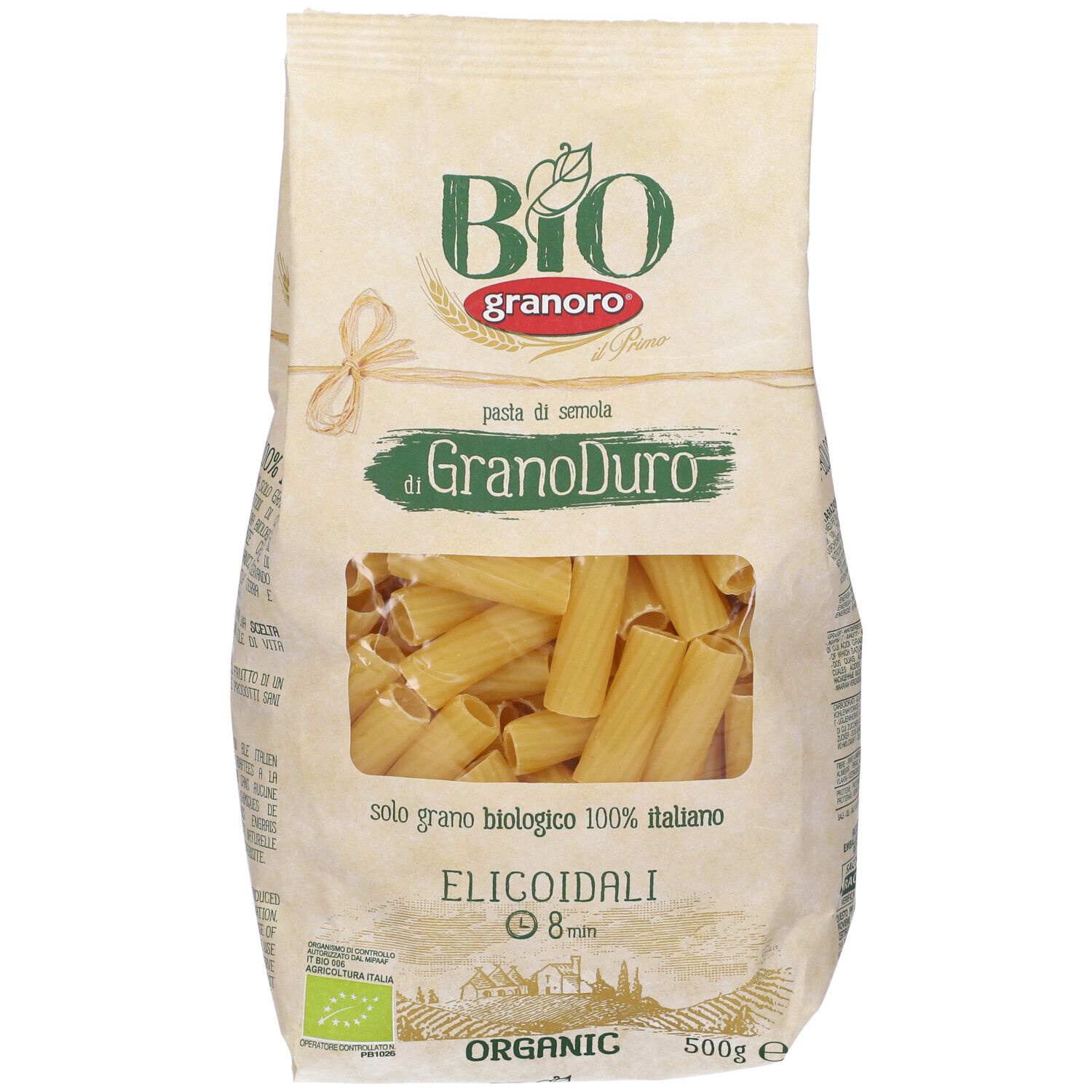 Confezione di pasta Elicoidali. Finestra trasparente mostra la pasta. Logo Granoro e marchio bio.