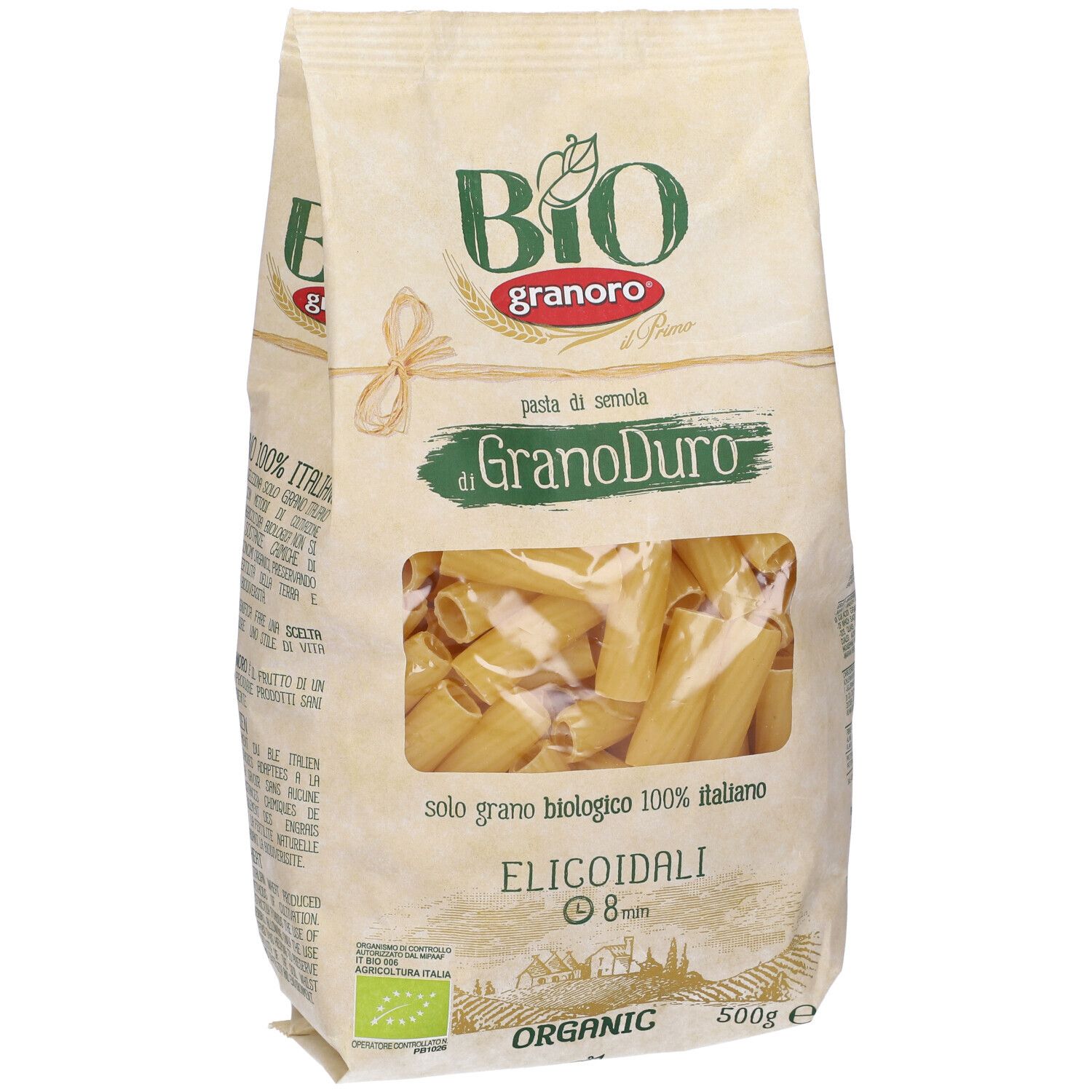 Confezione di pasta Elicoidali. Finestra trasparente mostra la pasta. Logo Granoro e marchio bio.