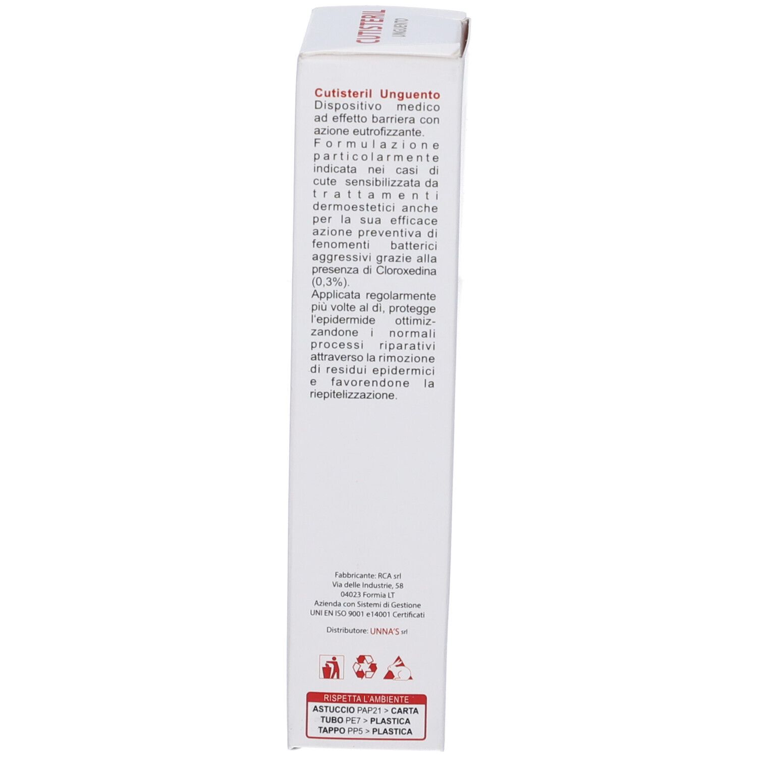 Vista laterale della confezione del prodotto con testo in italiano. Informazioni e simboli.