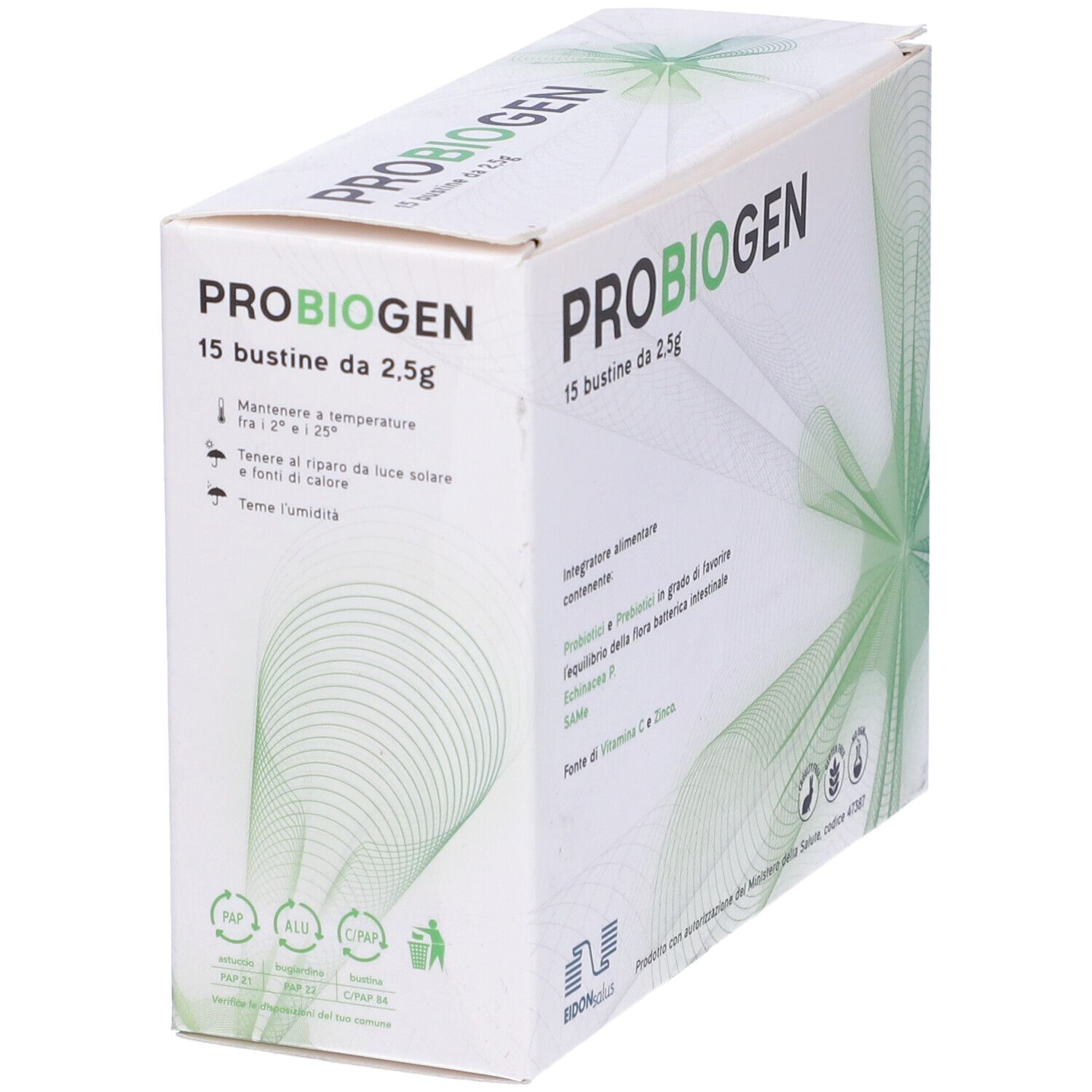 Scatola bianca con "PROBIOGEN" e "15 bustine da 2.5g". Grafica verde. Testo in italiano. Sigilli.