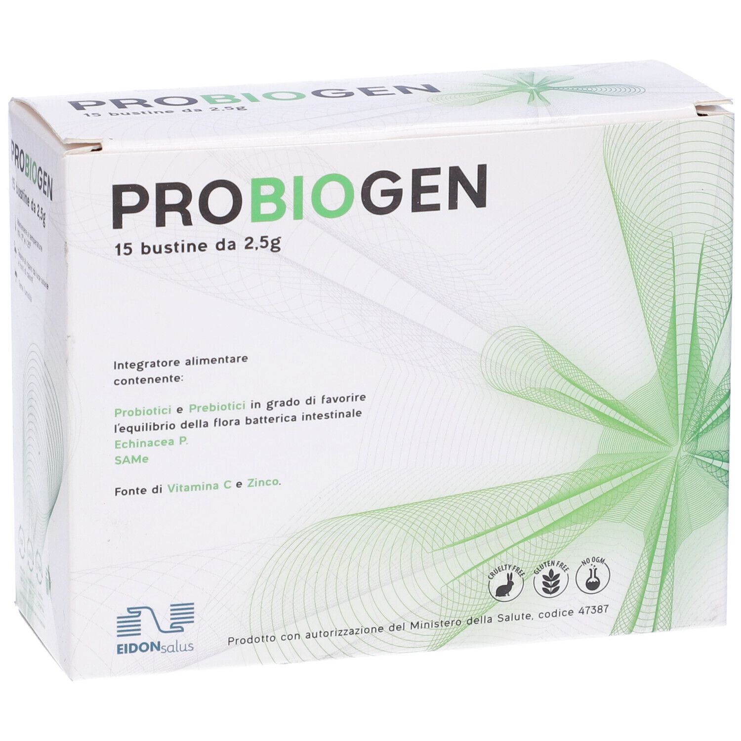 Scatola bianca con "PROBIOGEN" e "15 bustine da 2.5g". Grafica verde. Testo in italiano. Sigilli.