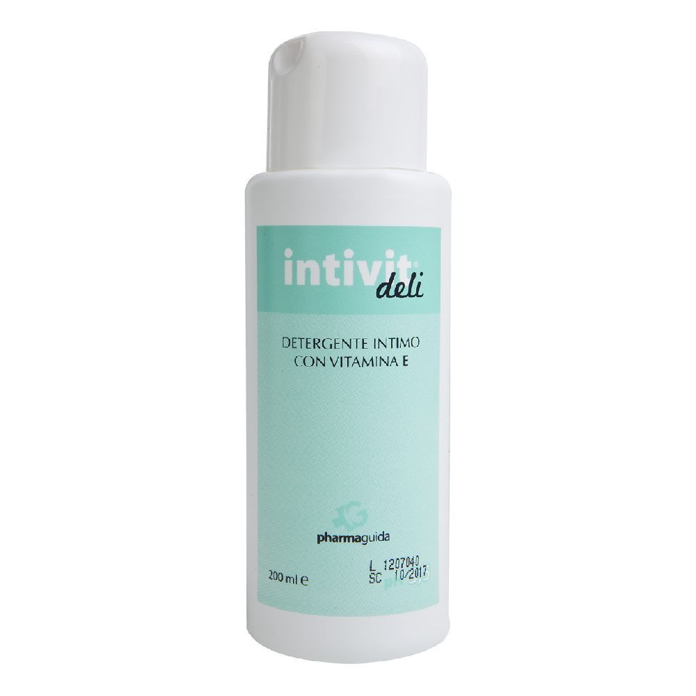 Flacone bianco con etichetta verde. Scritta: Intivit deli, Detergente Intimo, Vitamina E. Marchio: Pharmaguida.