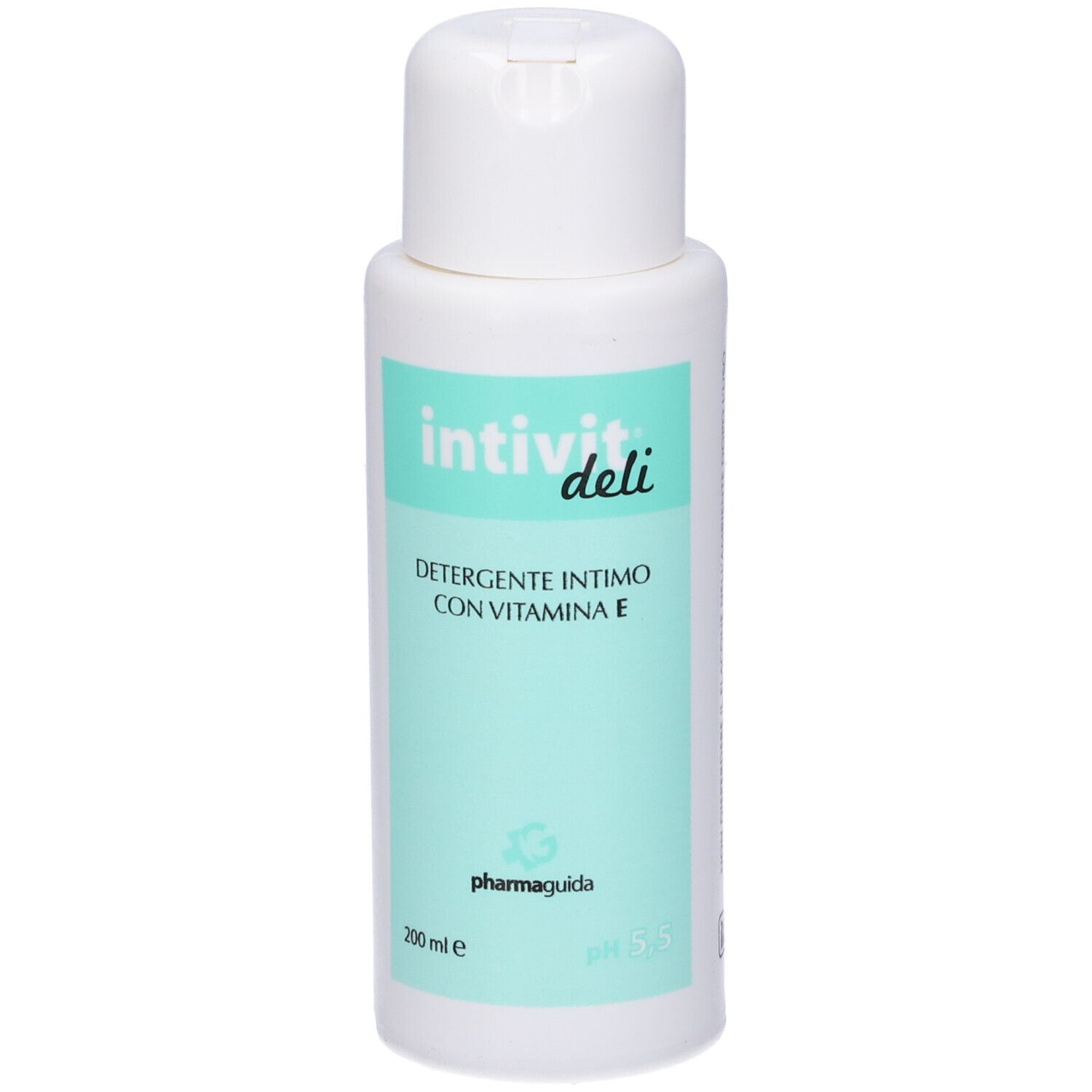 Flacone bianco con etichetta verde. Scritta: Intivit deli, Detergente Intimo, Vitamina E. Marchio: Pharmaguida.