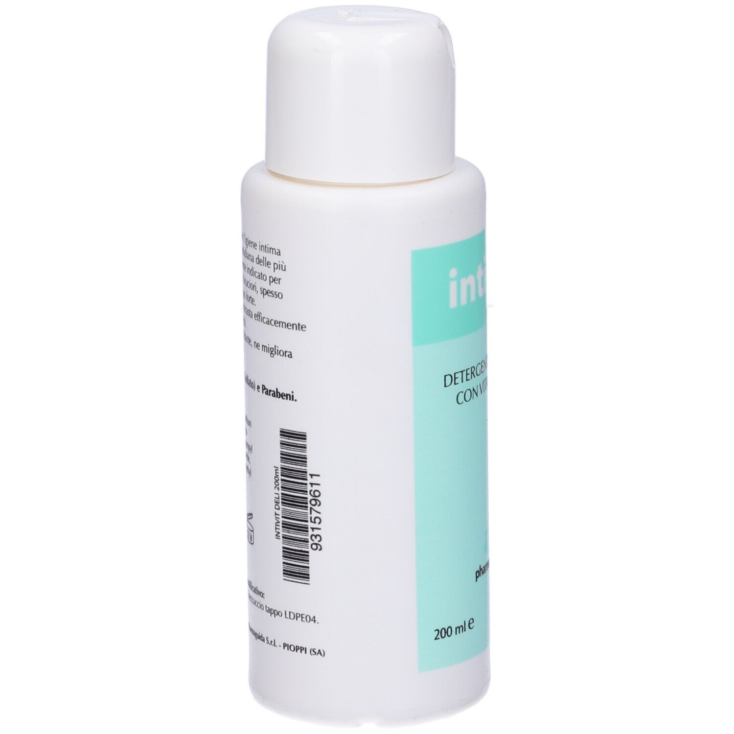Flacone bianco con etichetta verde. Scritta: Intivit deli, Detergente Intimo, Vitamina E. Marchio: Pharmaguida.