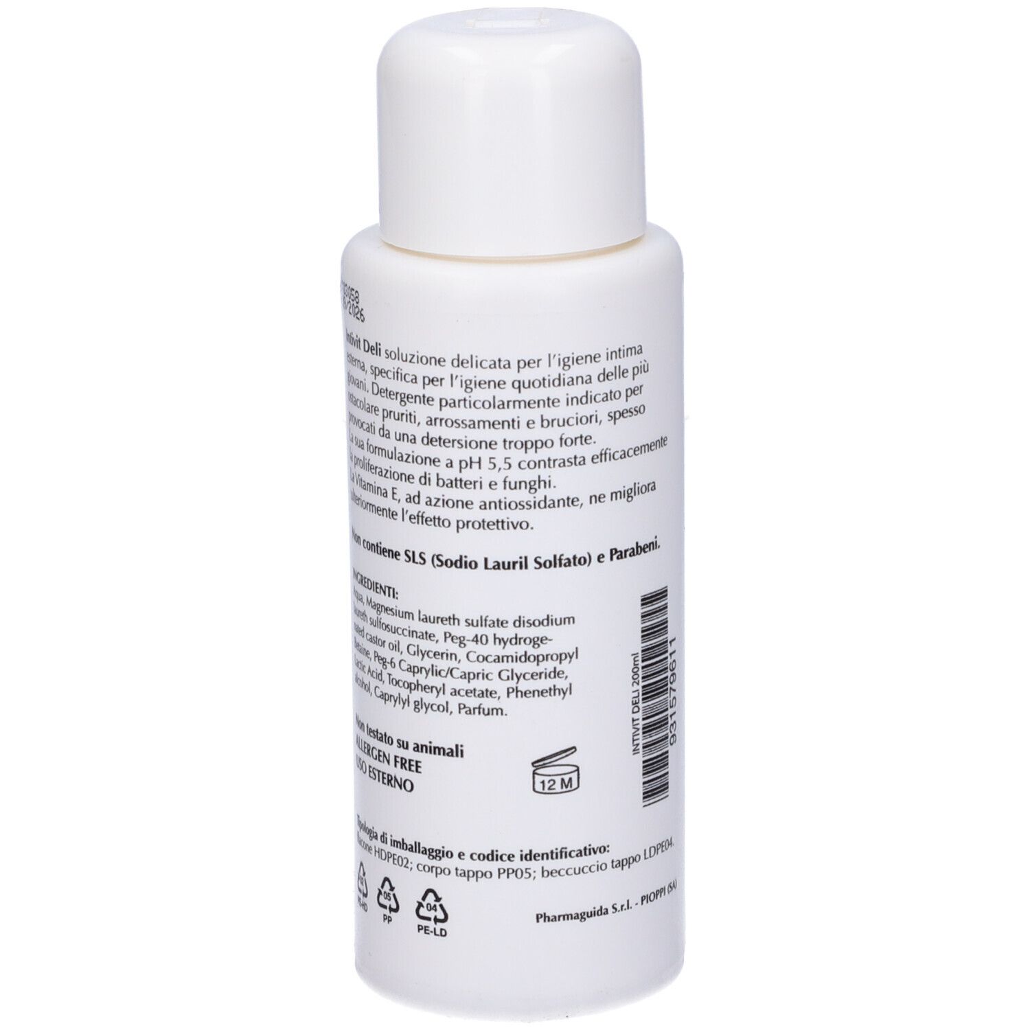Flacone bianco con etichetta verde. Scritta: Intivit deli, Detergente Intimo, Vitamina E. Marchio: Pharmaguida.