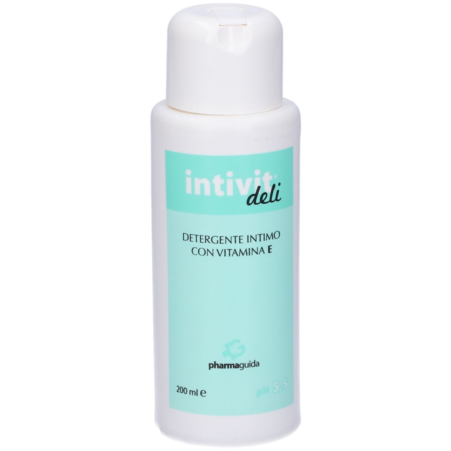 Flacone bianco con etichetta verde. Scritta: Intivit deli, Detergente Intimo, Vitamina E. Marchio: Pharmaguida.