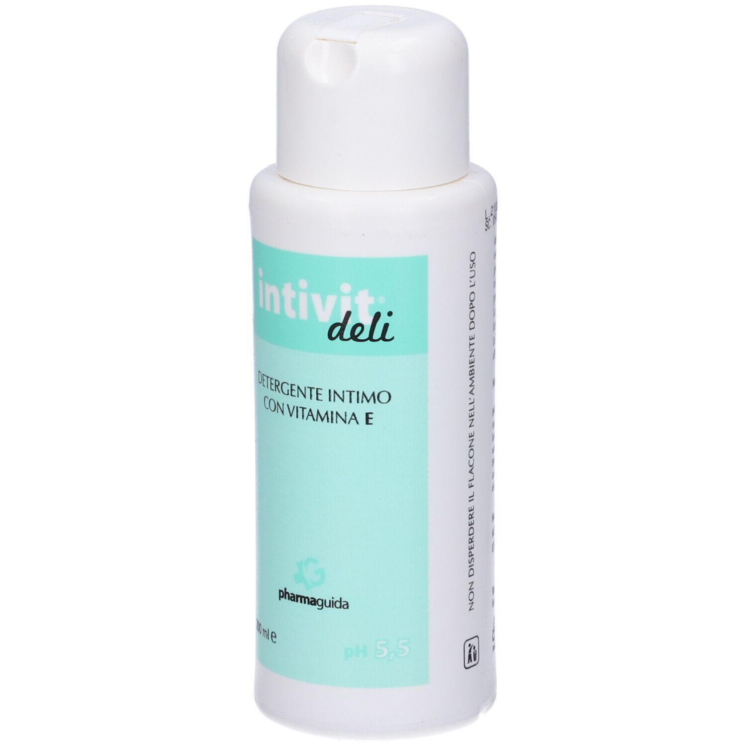 Flacone bianco con etichetta verde. Scritta: Intivit deli, Detergente Intimo, Vitamina E. Marchio: Pharmaguida.