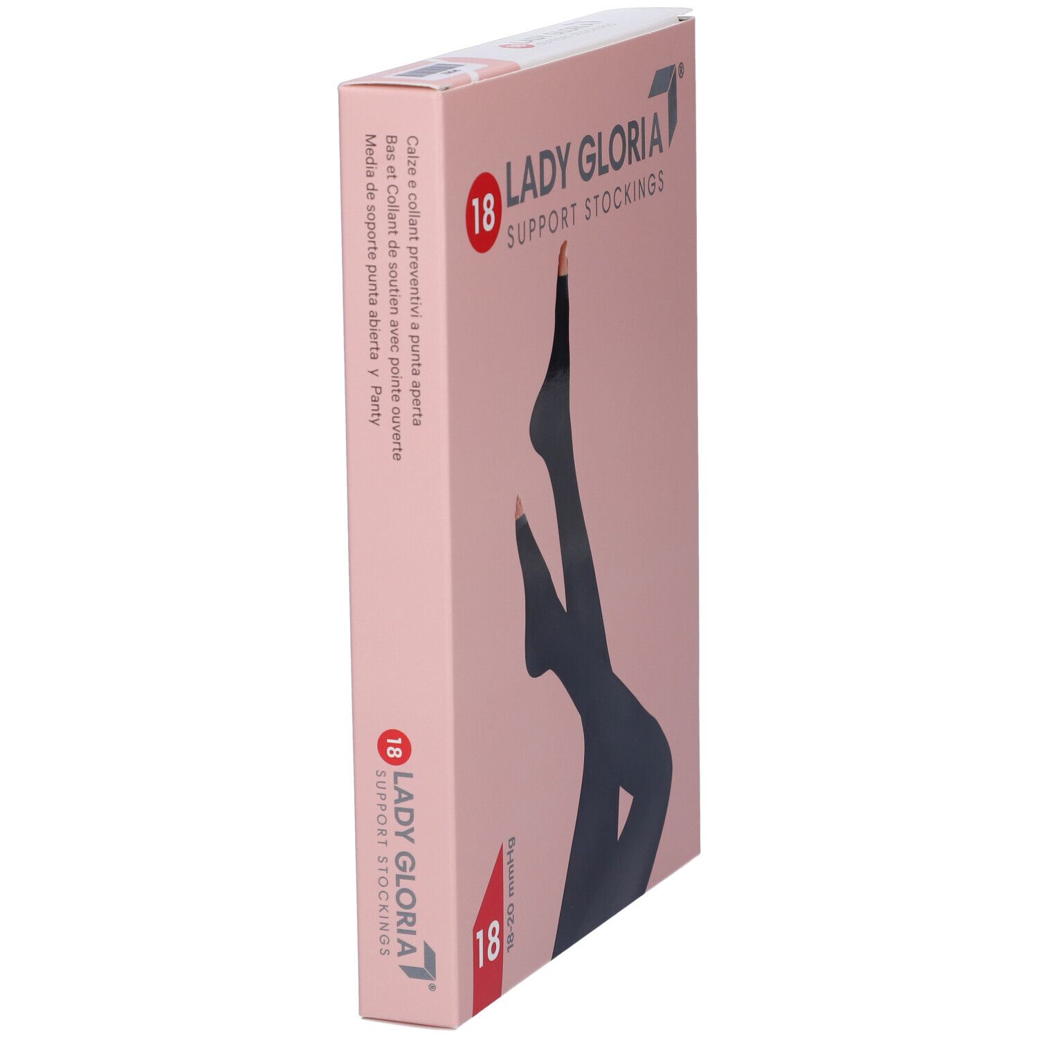 Scatola rosa, Ladygloria 18 Support Stockings. Calze nere a punta aperta. Testo multilingue.