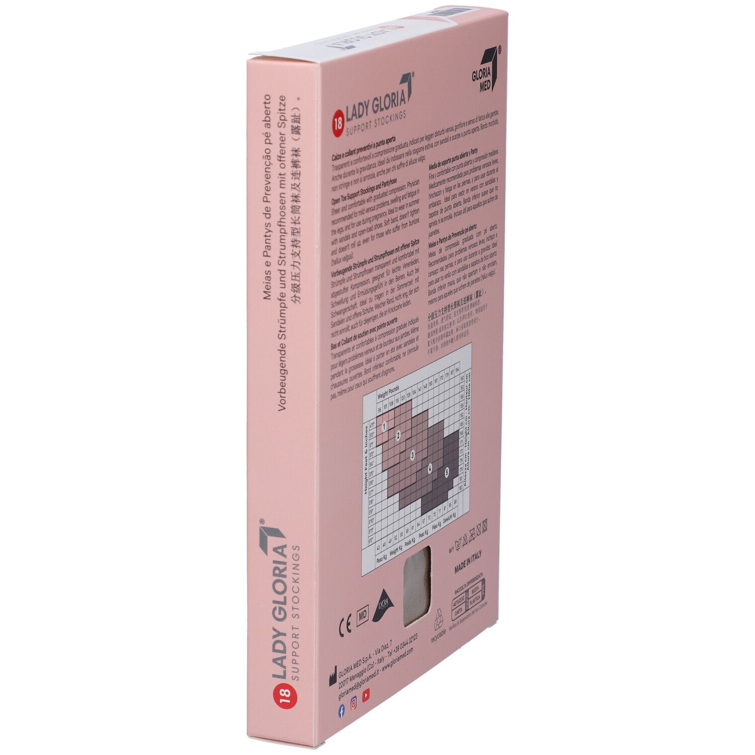 Lato della scatola rosa. Ladygloria 18 Support Stockings. Testo multilingue. Tabella taglie.