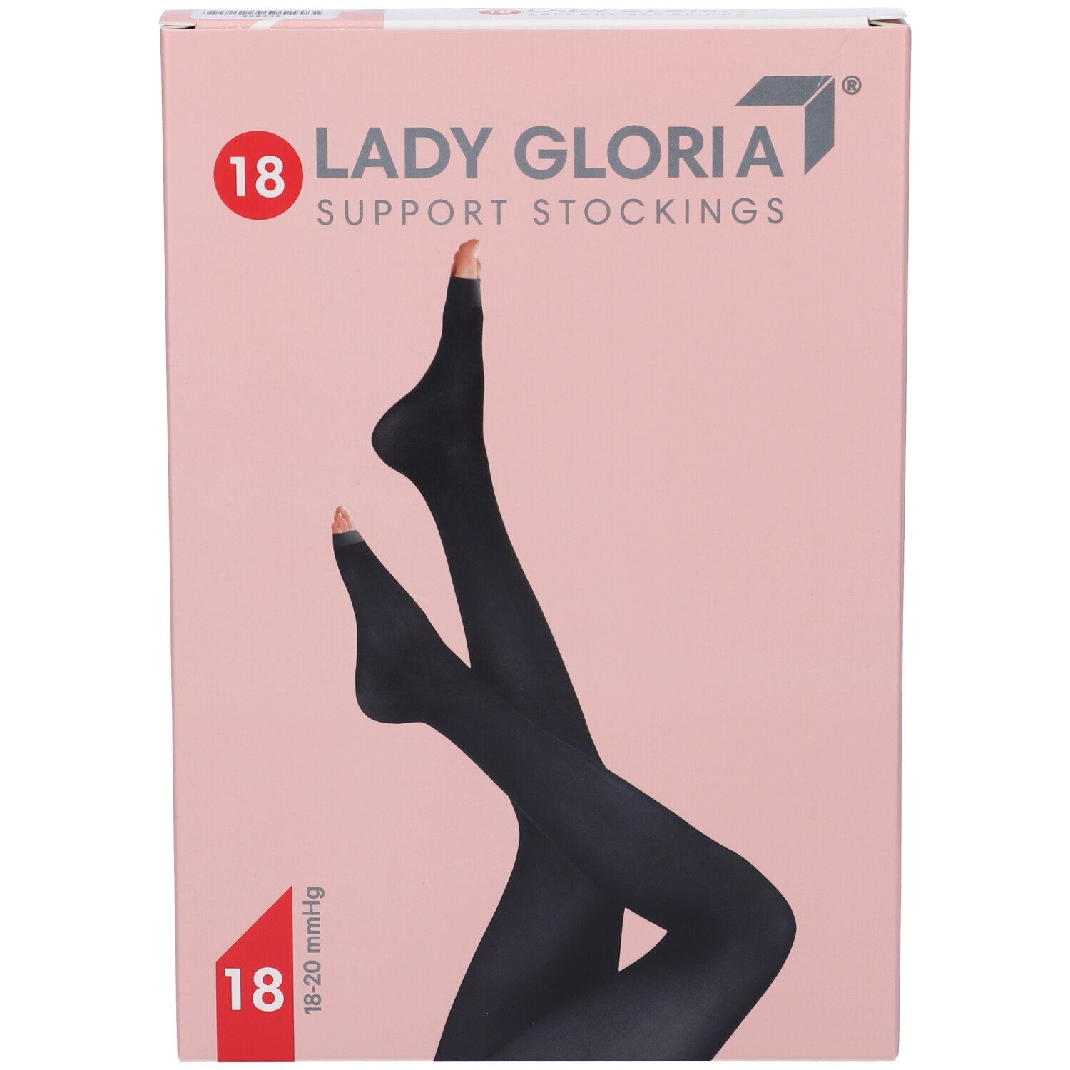 Scatola rosa con calze nere. Scritto: Ladygloria 18 Support Stockings. Punta aperta.