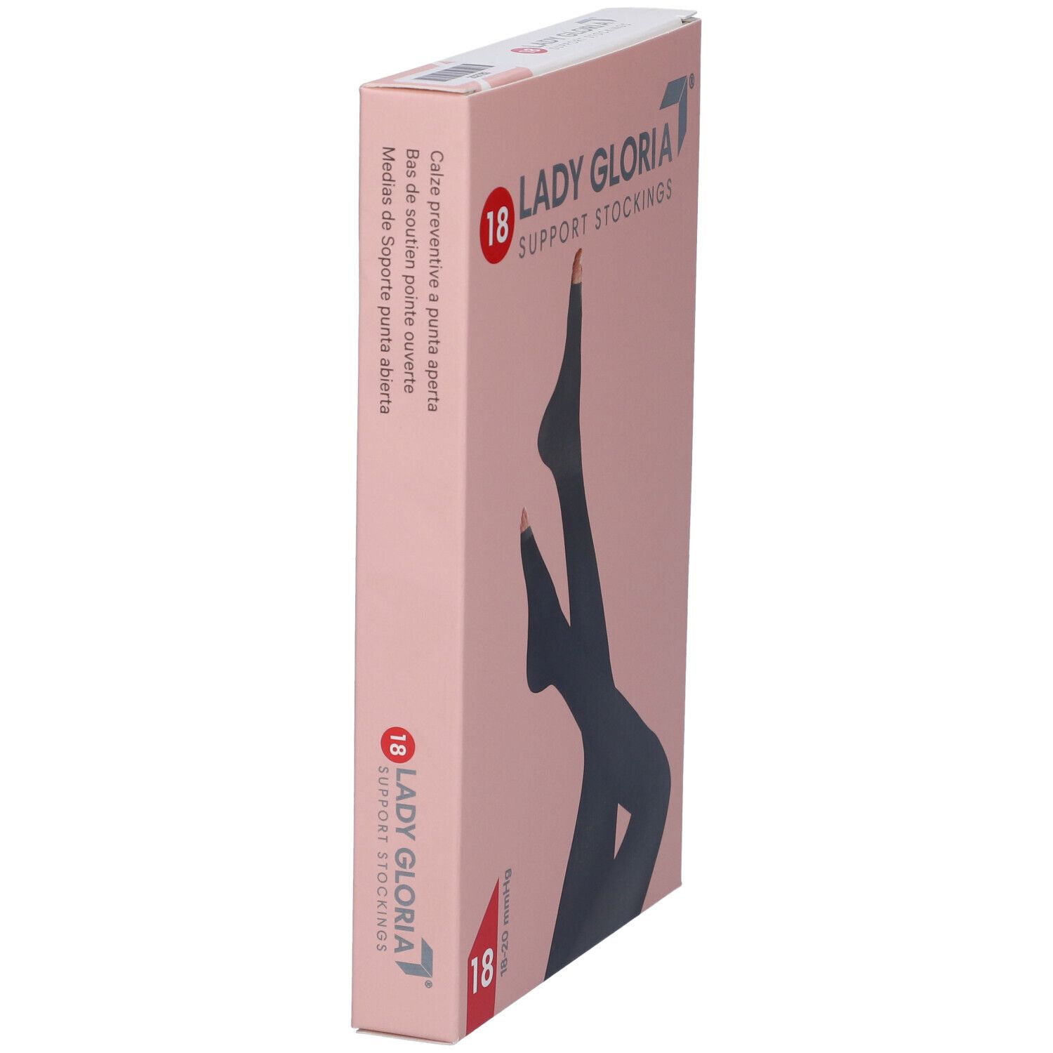 Vista laterale della confezione Ladygloria 18 Gambaletto Punta Aperta Sahara 2. Scatola rosa con testo e immagine del prodotto.