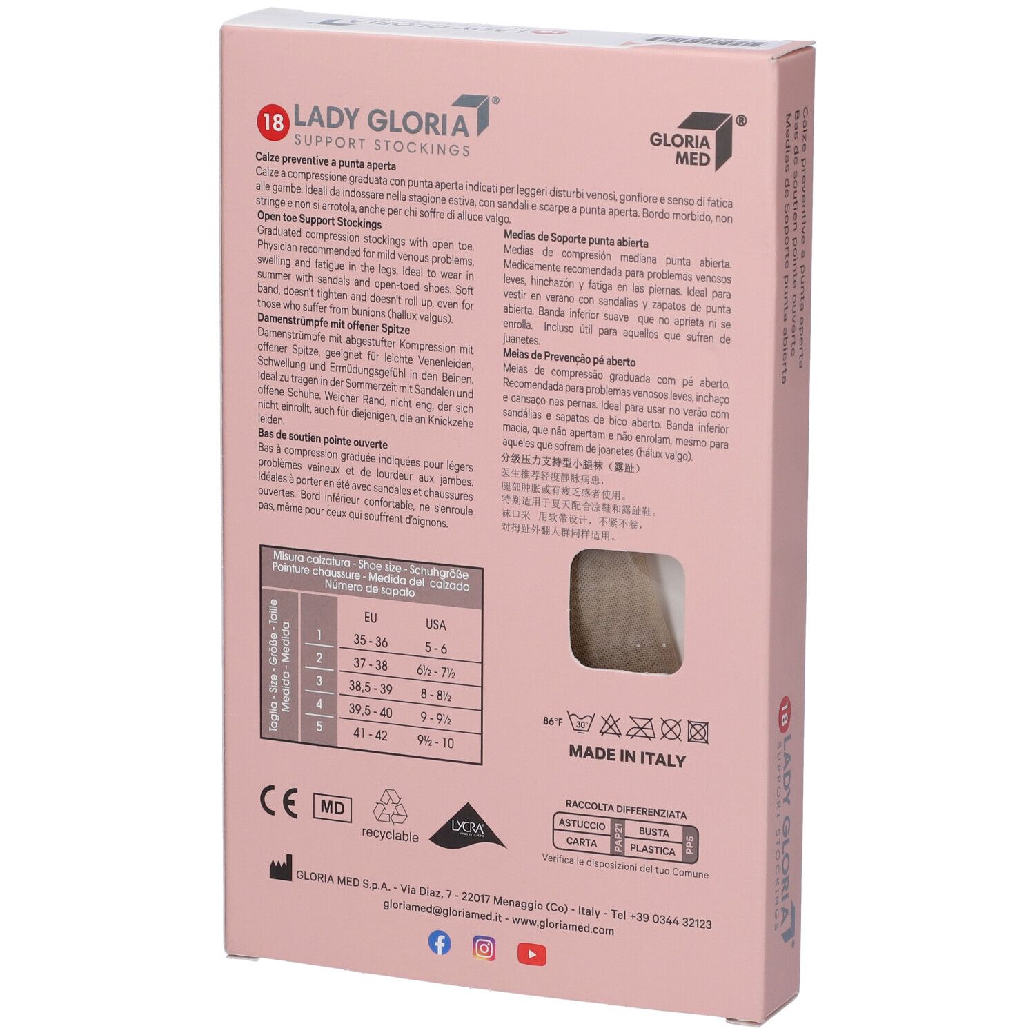 Retro della confezione Ladygloria 18 Gambaletto Punta Aperta Sahara 2. Testo multilingue, tabella taglie, logo.