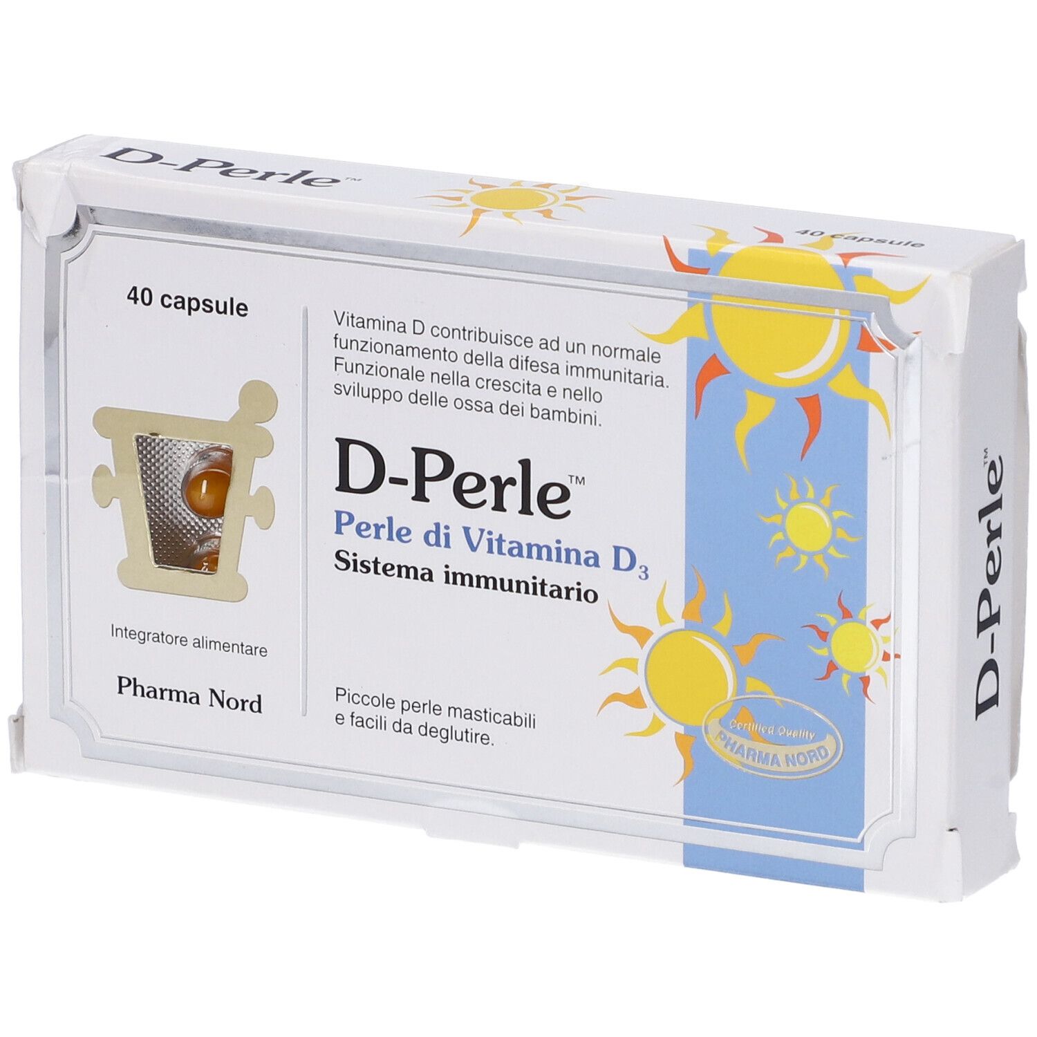Confezione di D-Perle con 40 capsule in un involucro trasparente. Nome e dettagli del prodotto visibili.
