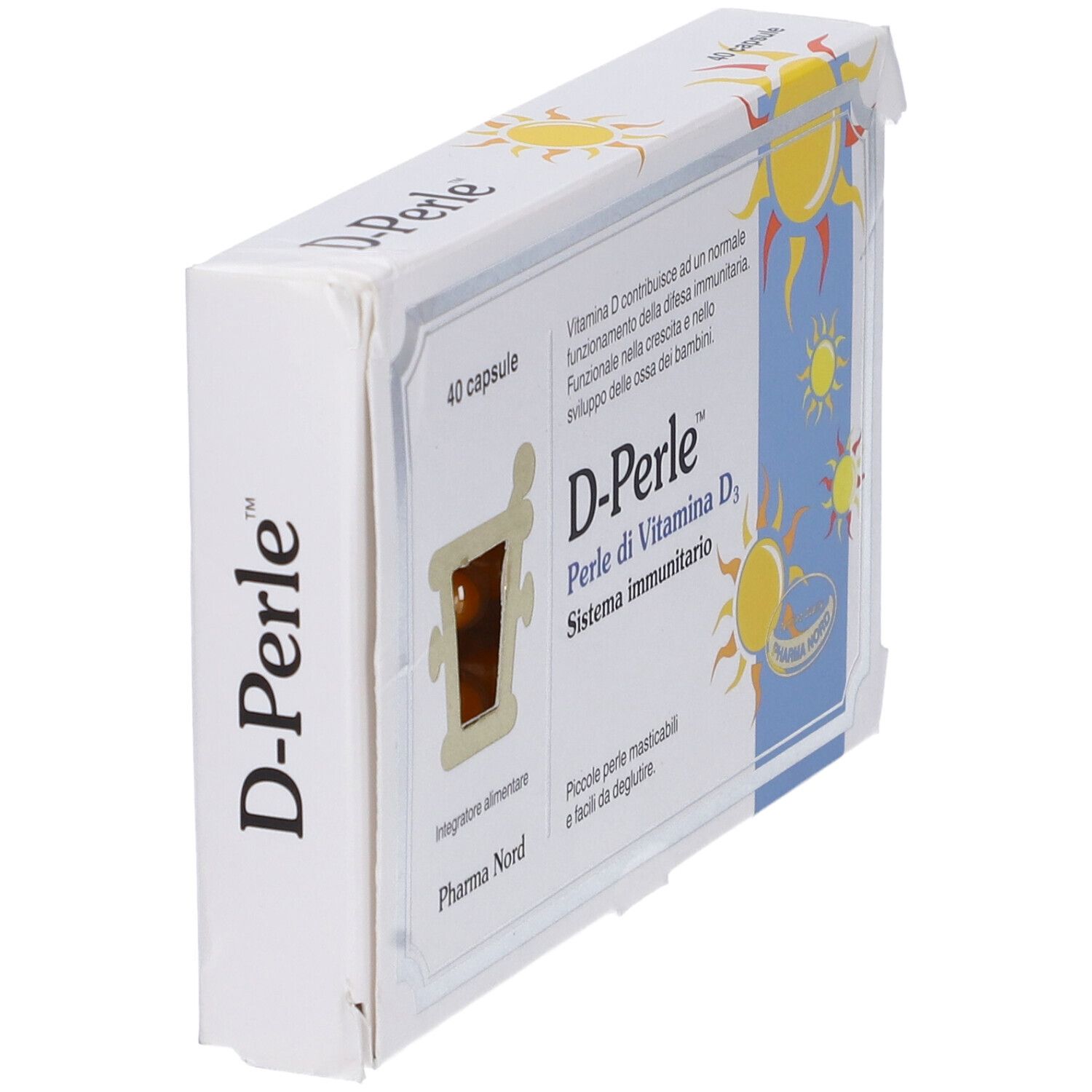 Confezione di D-Perle con 40 capsule, vista laterale. Nome e dettagli del prodotto visibili.