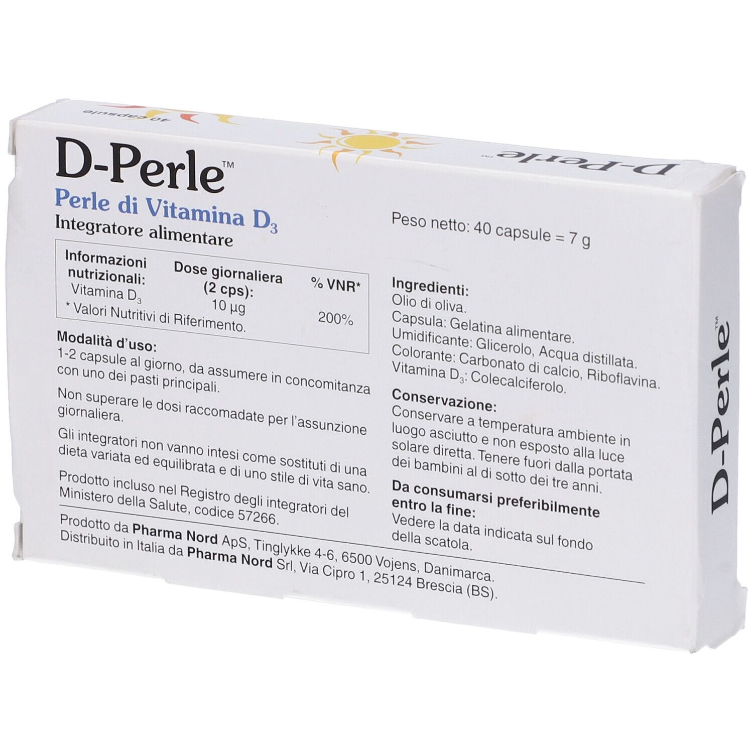 Retro della confezione di D-Perle con 40 capsule. Informazioni sugli ingredienti e il dosaggio.