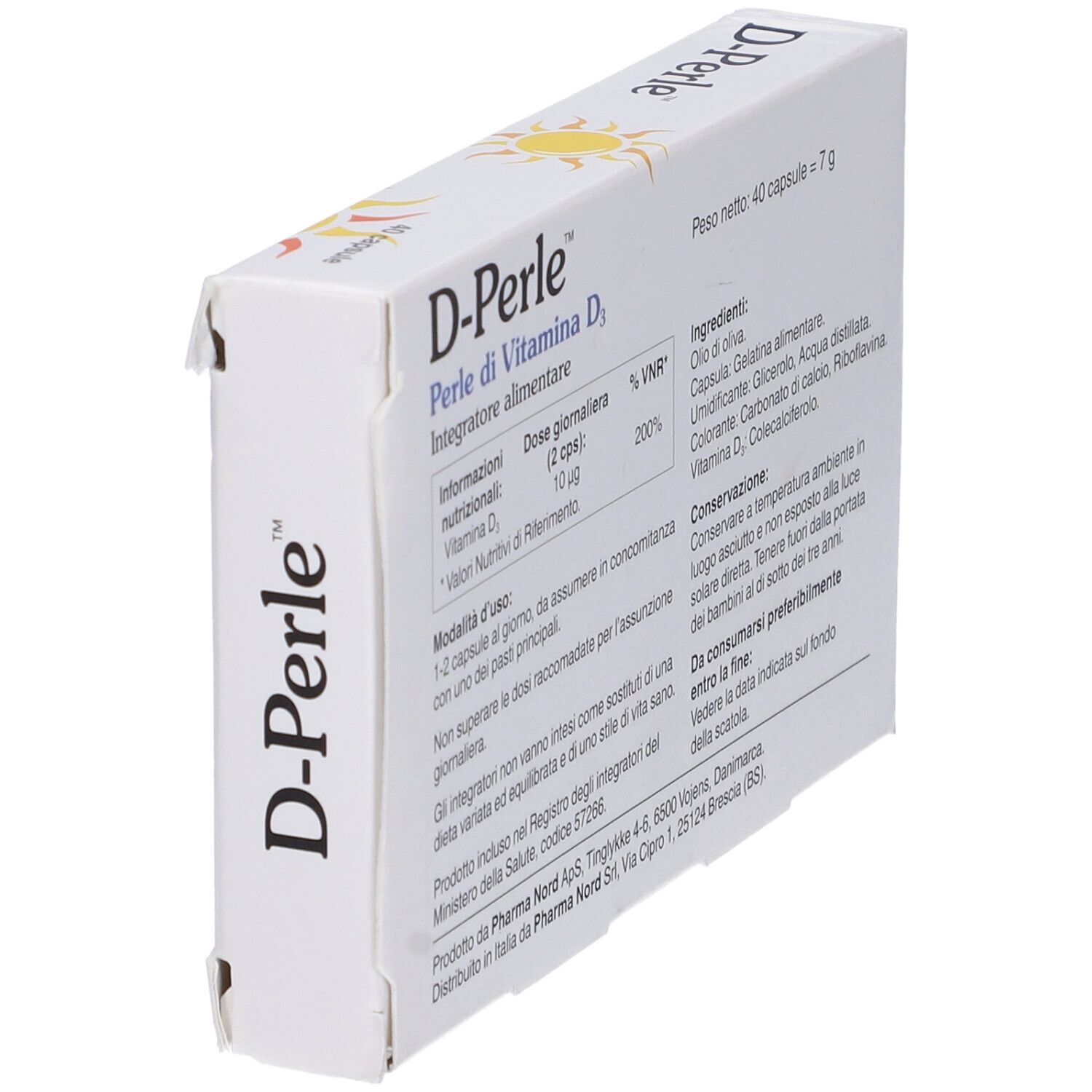 Confezione di D-Perle con 40 capsule, vista obliqua. Nome e dettagli del prodotto visibili.