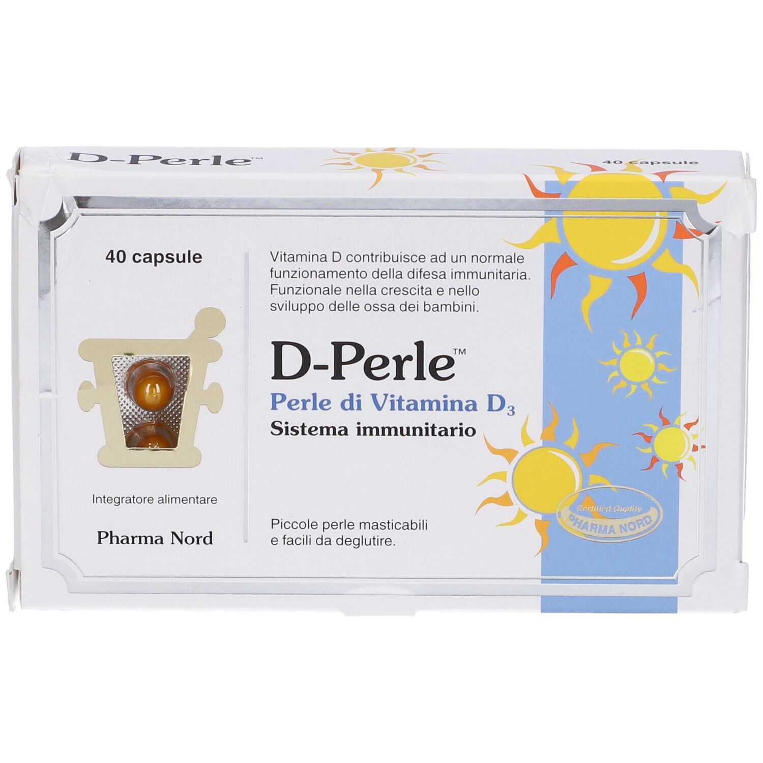 Confezione di D-Perle con 40 capsule in un involucro trasparente. Nome e dettagli del prodotto visibili.