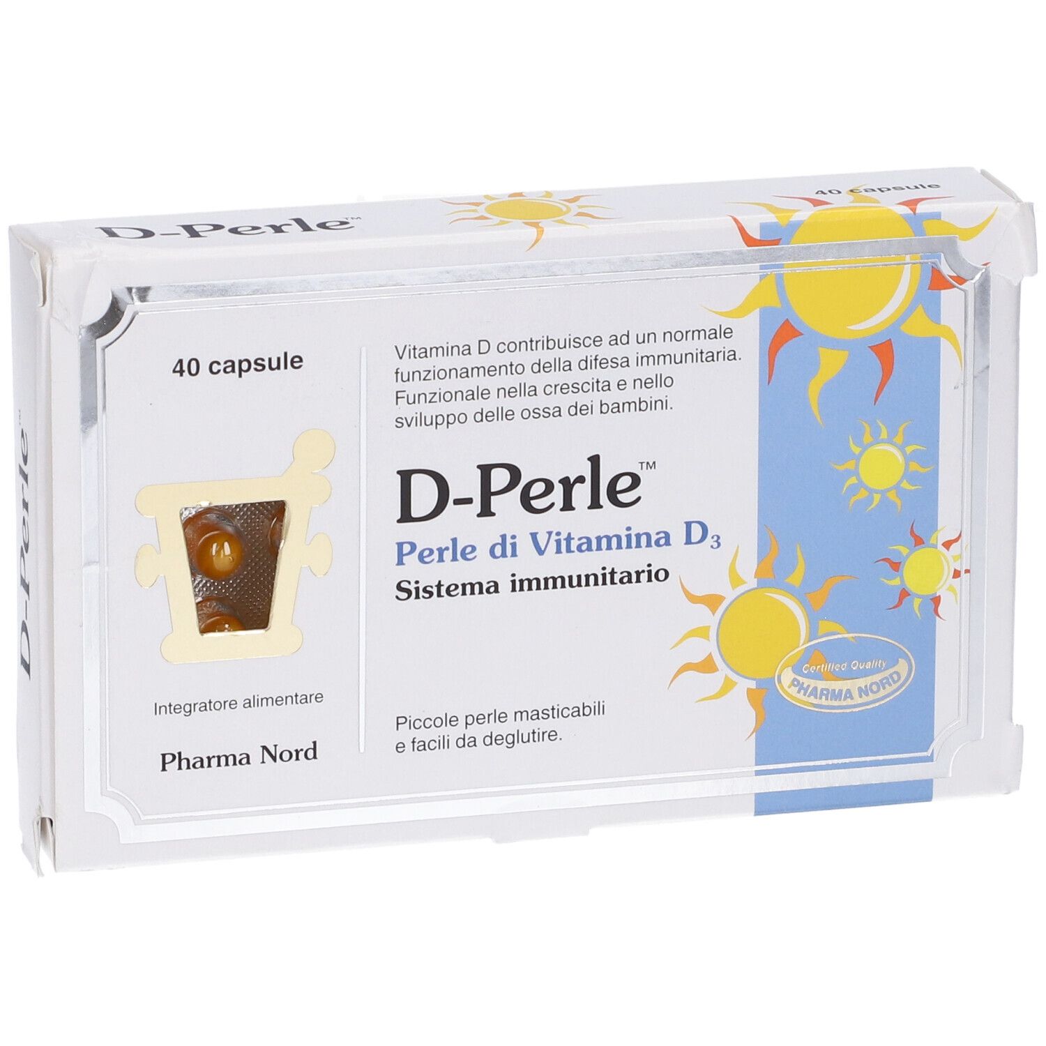 Confezione di D-Perle con 40 capsule in un involucro trasparente. Nome e dettagli del prodotto visibili.