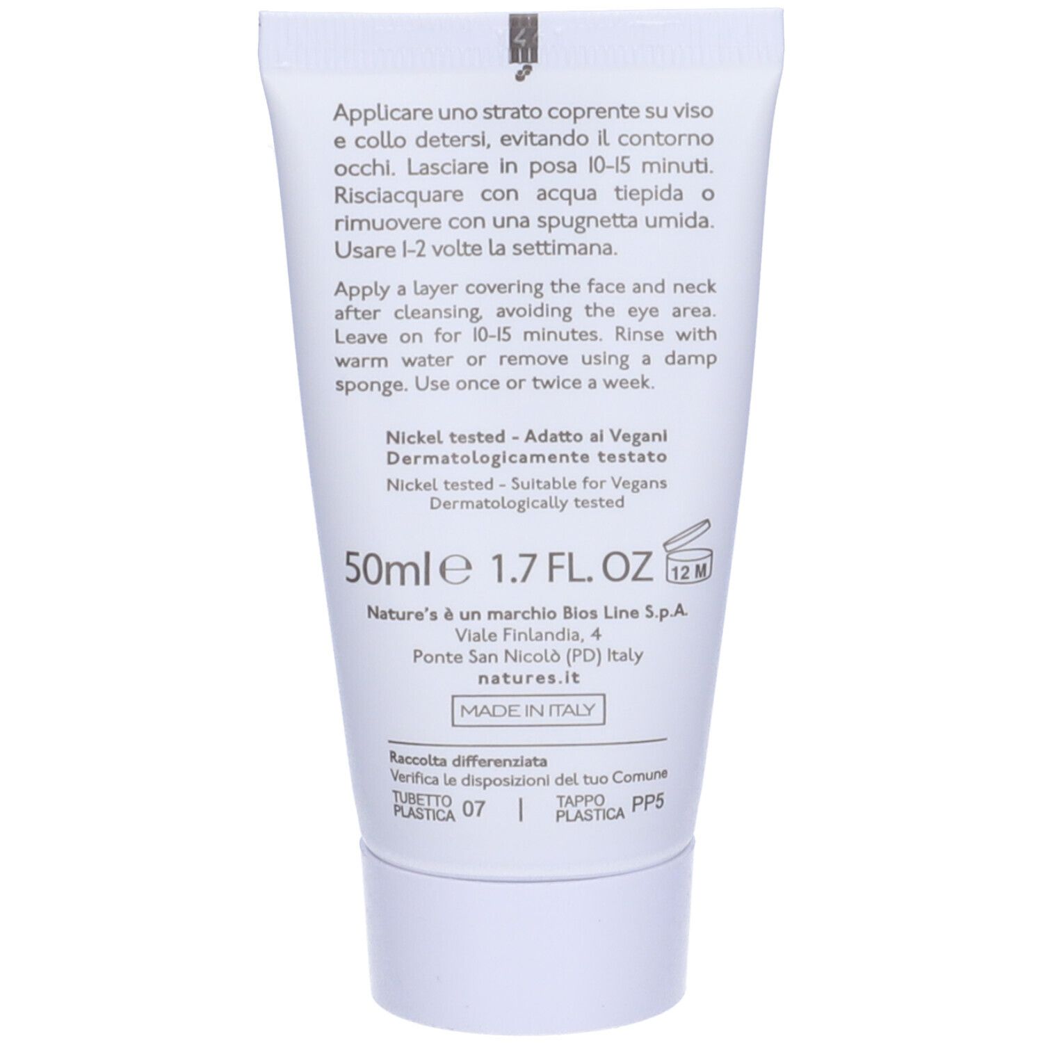 Retro del tubo. Testo su utilizzo, ingredienti e produttore. Visibili "50ml 1.7 FL. OZ" e "Made in Italy".