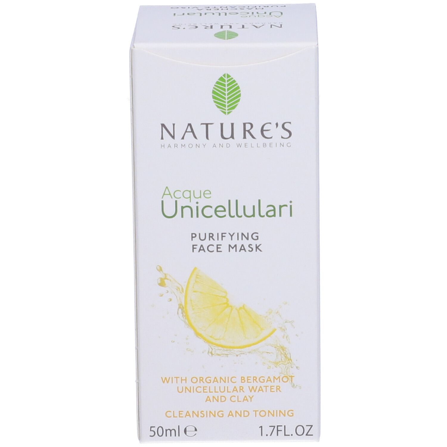 Confezione in cartone con logo e testo. "Acque Unicellulari Maschera Purificante Viso". Illustrazione di una fetta di limone.