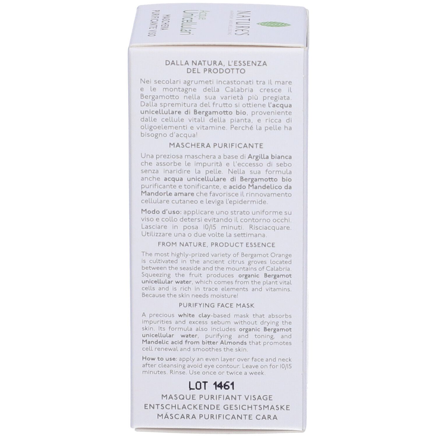 Retro della confezione in cartone. Testo su ingredienti e utilizzo. Contiene informazioni in tedesco e inglese.