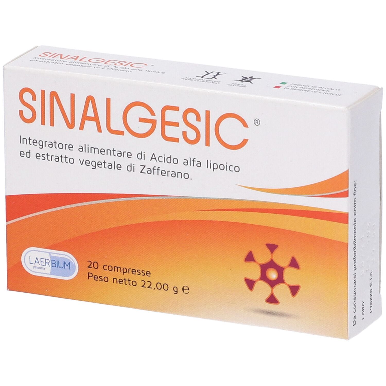 Scatola di Sinalgesic, bianca con design arancione. Nome del prodotto, ingredienti e 20 compresse visibili.
