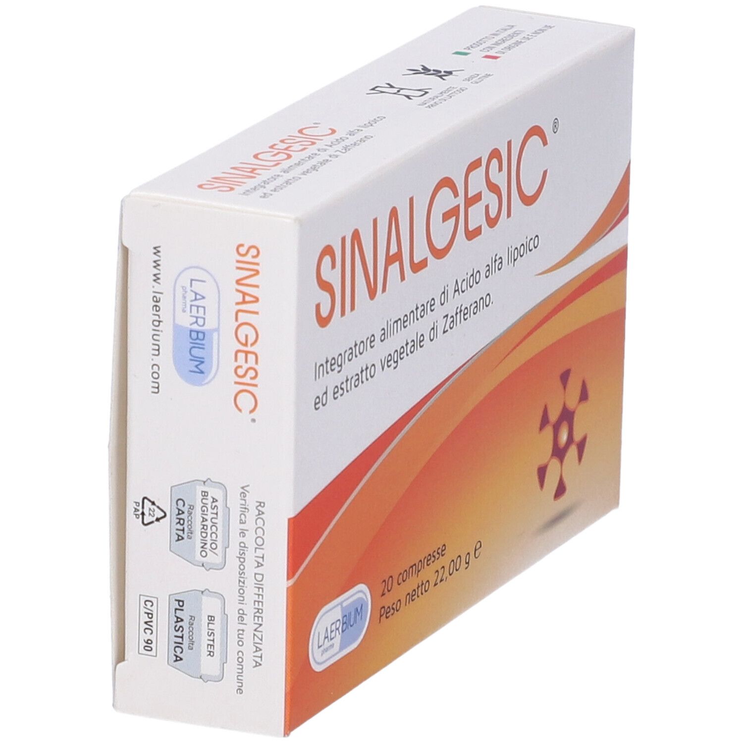 Scatola di Sinalgesic, in prospettiva. Bianca con design arancione. Nome, ingredienti e 20 compresse.
