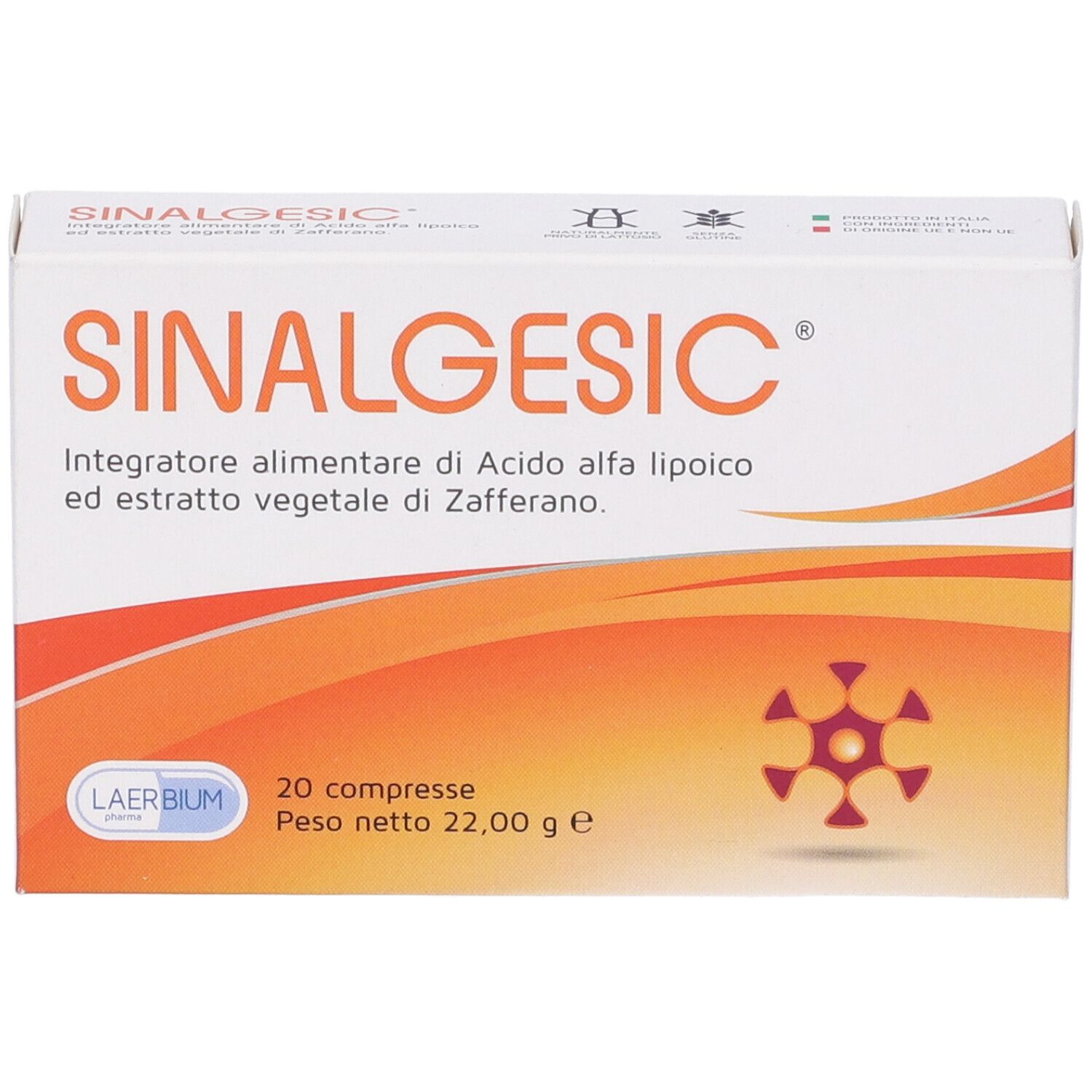 Scatola di Sinalgesic, bianca con design arancione. Nome del prodotto, ingredienti e 20 compresse visibili.