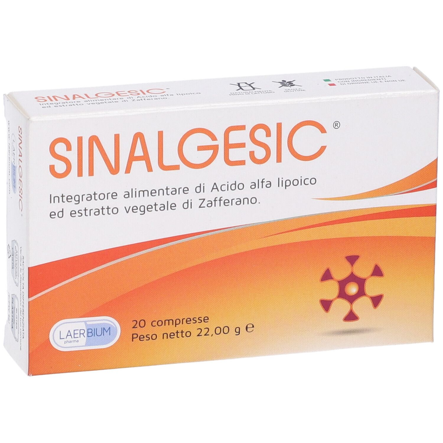 Scatola di Sinalgesic, bianca con design arancione. Nome del prodotto, ingredienti e 20 compresse visibili.