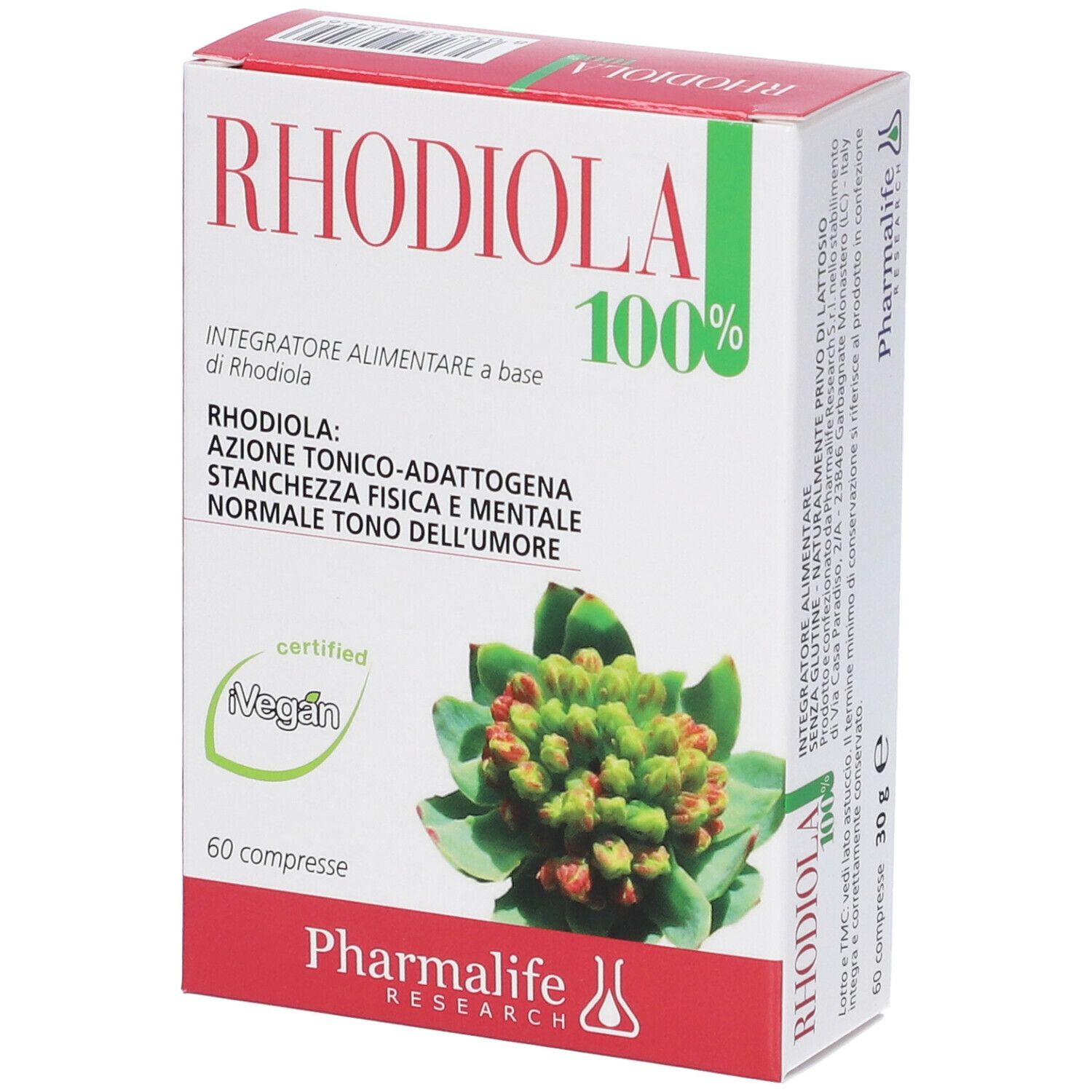 Scatola RHODIOLA 100%. Certificazione vegana e logo Pharmalife. 60 compresse. Illustrazione di una pianta.