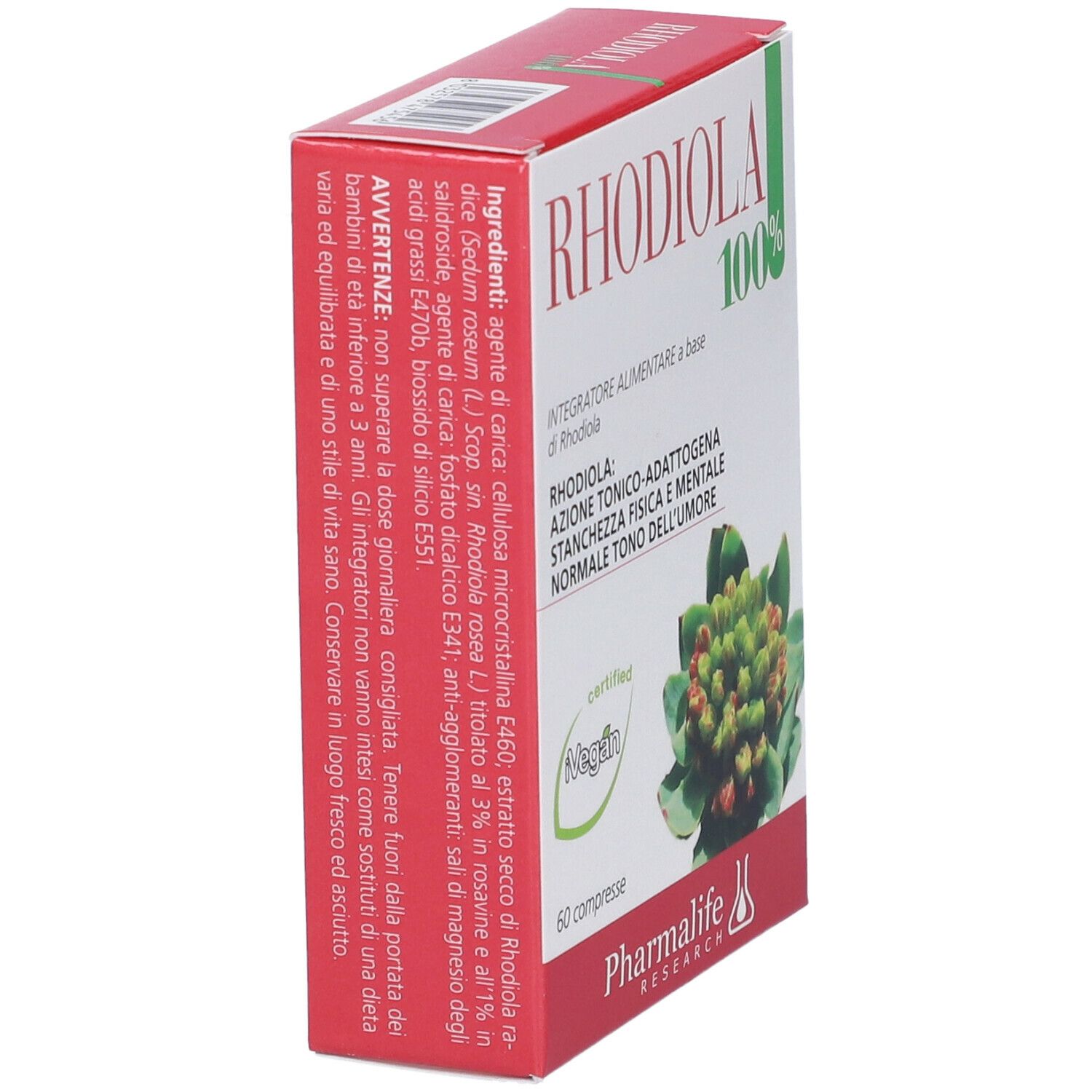 Scatola RHODIOLA 100%. Certificazione vegana e logo Pharmalife. 60 compresse. Vista laterale.