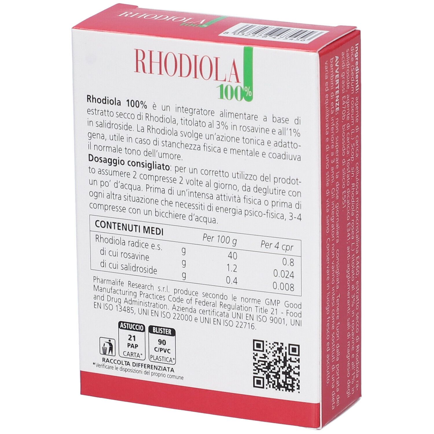 Retro della scatola RHODIOLA 100%. Testo con ingredienti e dosaggio. Logo Pharmalife.