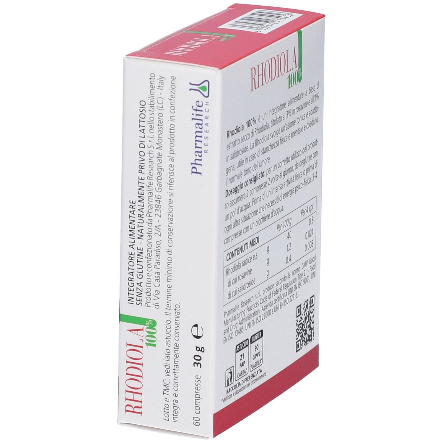 Scatola RHODIOLA 100%. Testo con ingredienti e dosaggio. Logo Pharmalife. 60 compresse.