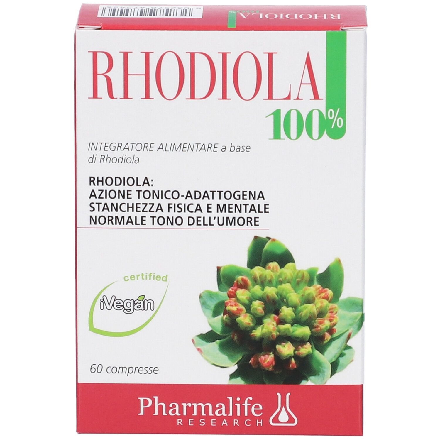 Scatola RHODIOLA 100%. Certificazione vegana e logo Pharmalife. 60 compresse. Illustrazione di una pianta.