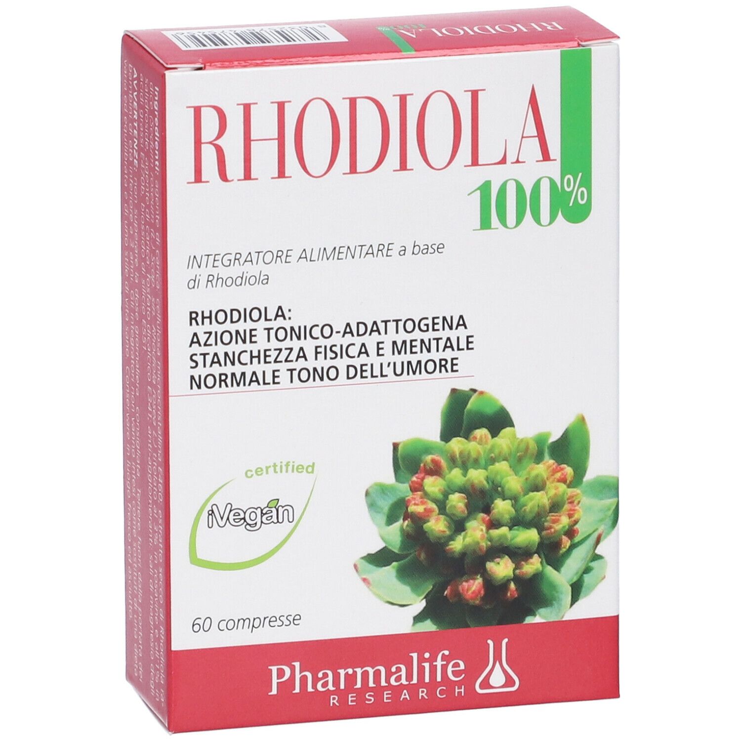 Scatola RHODIOLA 100%. Certificazione vegana e logo Pharmalife. 60 compresse. Vista laterale.