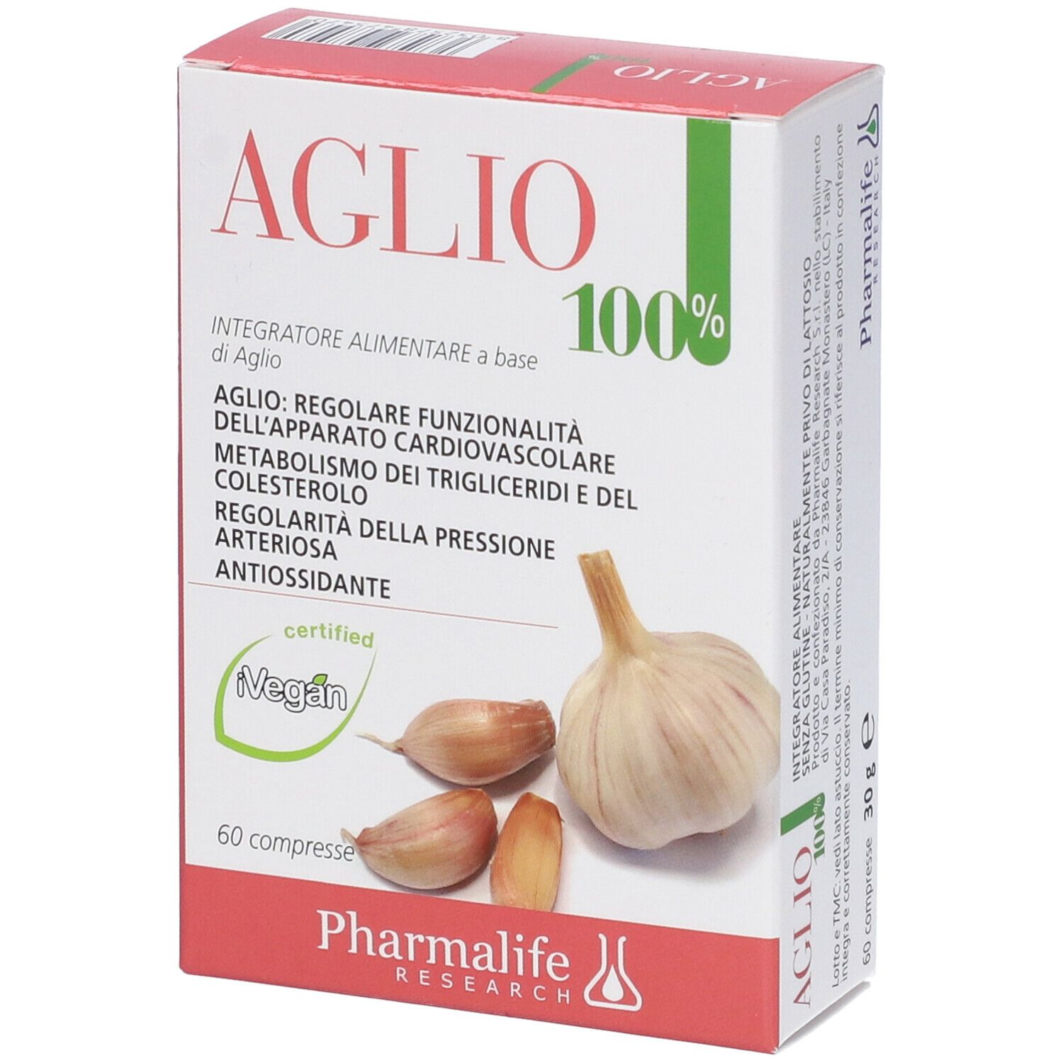Scatola 'Aglio 100%'. Certificazione Vegan. Aglio e spicchi illustrati. '60 compresse'. Marchio: Pharmalife.