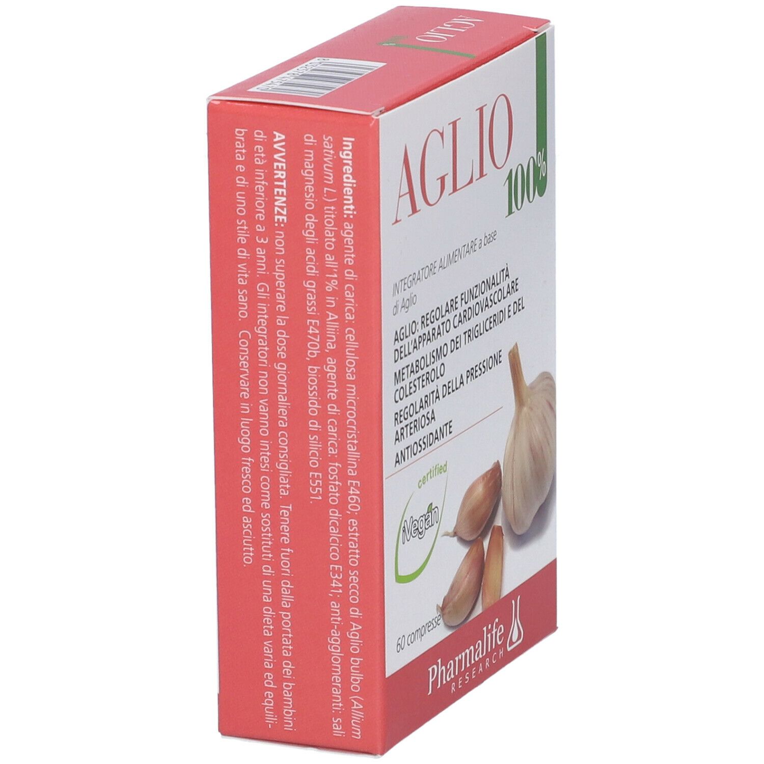 Scatola 'Aglio 100%'. Certificazione Vegan. Aglio e spicchi illustrati. '60 compresse'. Marchio: Pharmalife.