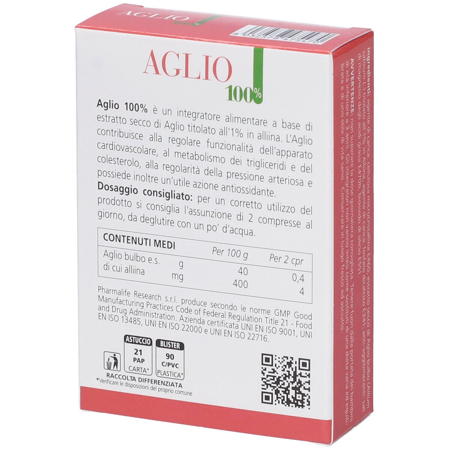 Scatola 'Aglio 100%'. Certificazione Vegan. Aglio e spicchi illustrati. '60 compresse'. Marchio: Pharmalife.