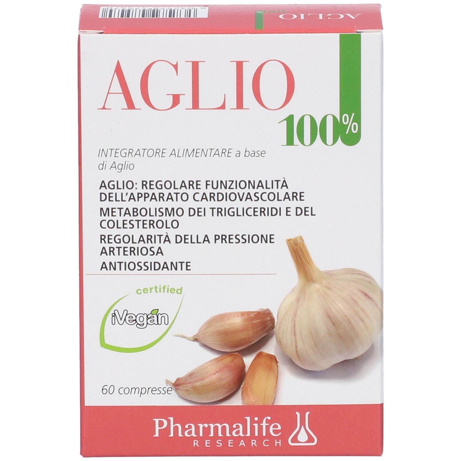 Scatola 'Aglio 100%'. Certificazione Vegan. Aglio e spicchi illustrati. '60 compresse'. Marchio: Pharmalife.