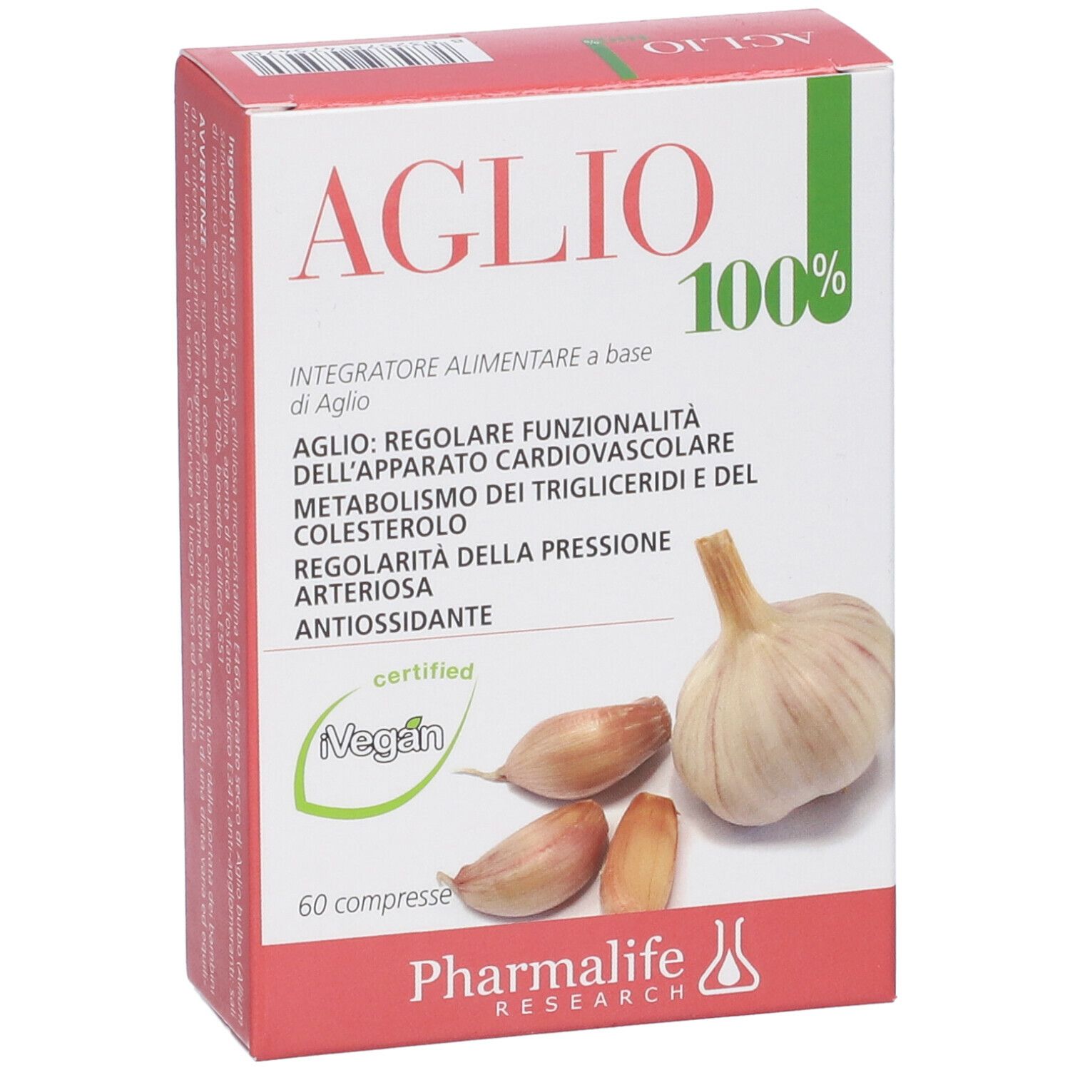 Scatola 'Aglio 100%'. Certificazione Vegan. Aglio e spicchi illustrati. '60 compresse'. Marchio: Pharmalife.