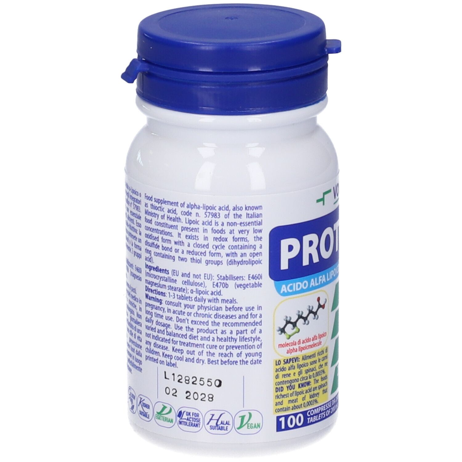 Flacone bianco con tappo blu. Testo: ingredienti, istruzioni per l'uso. 100 compresse. Sigillo vegano.