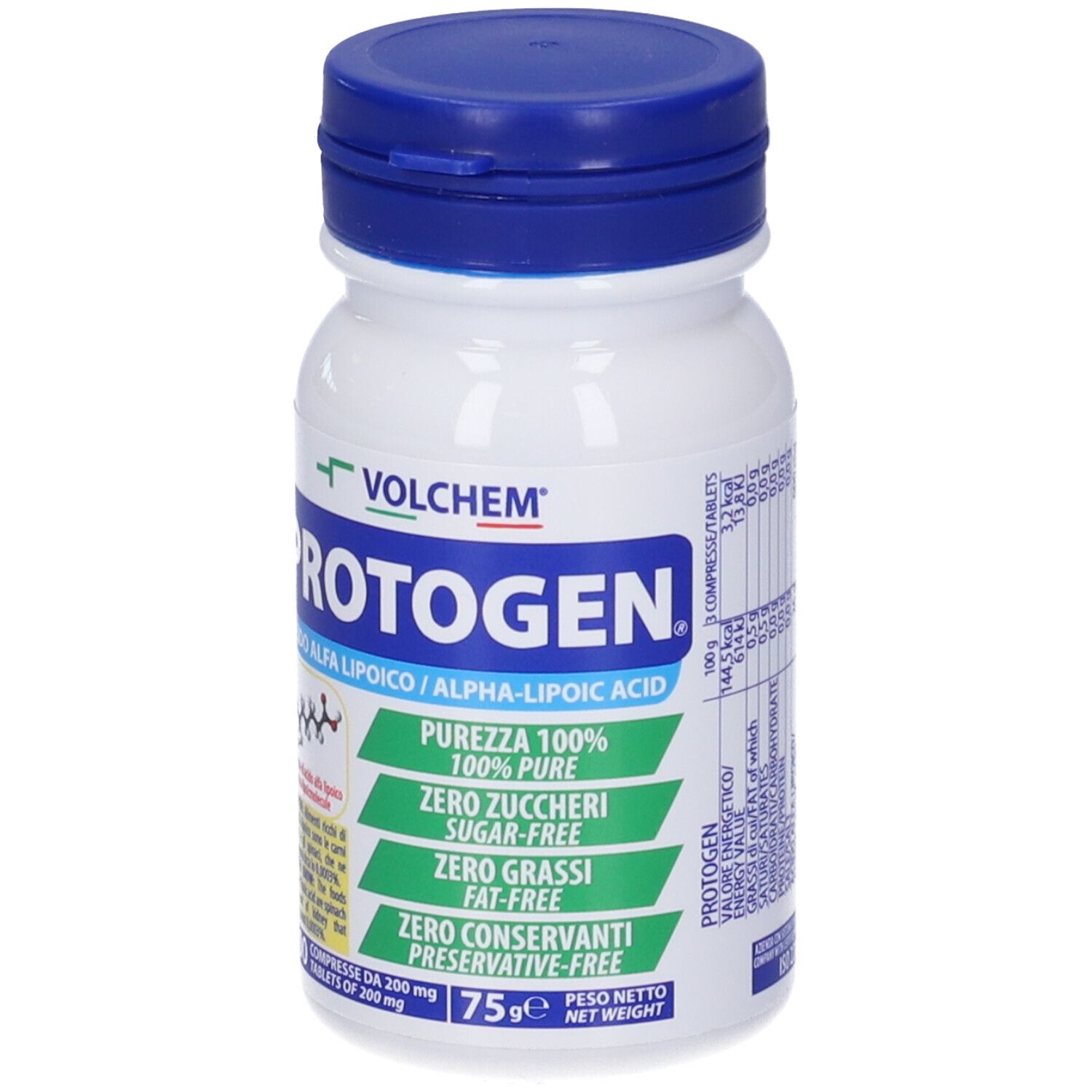 Flacone bianco con tappo blu. Scritta Protogen, Acido Alfa Lipoico. 100 compresse, 75g.