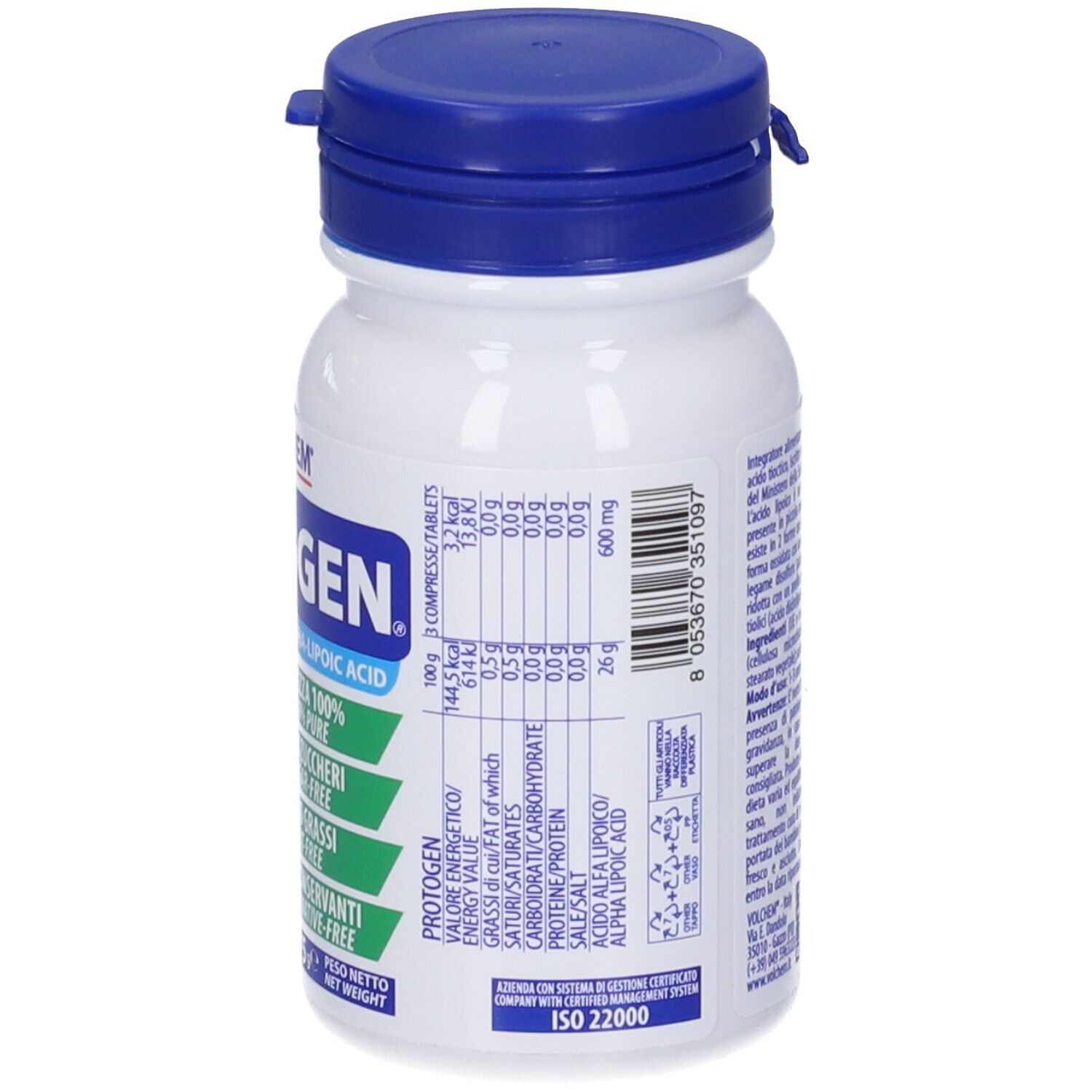 Flacone bianco con tappo blu. Informazioni nutrizionali e altro. Certificazione ISO 22000.