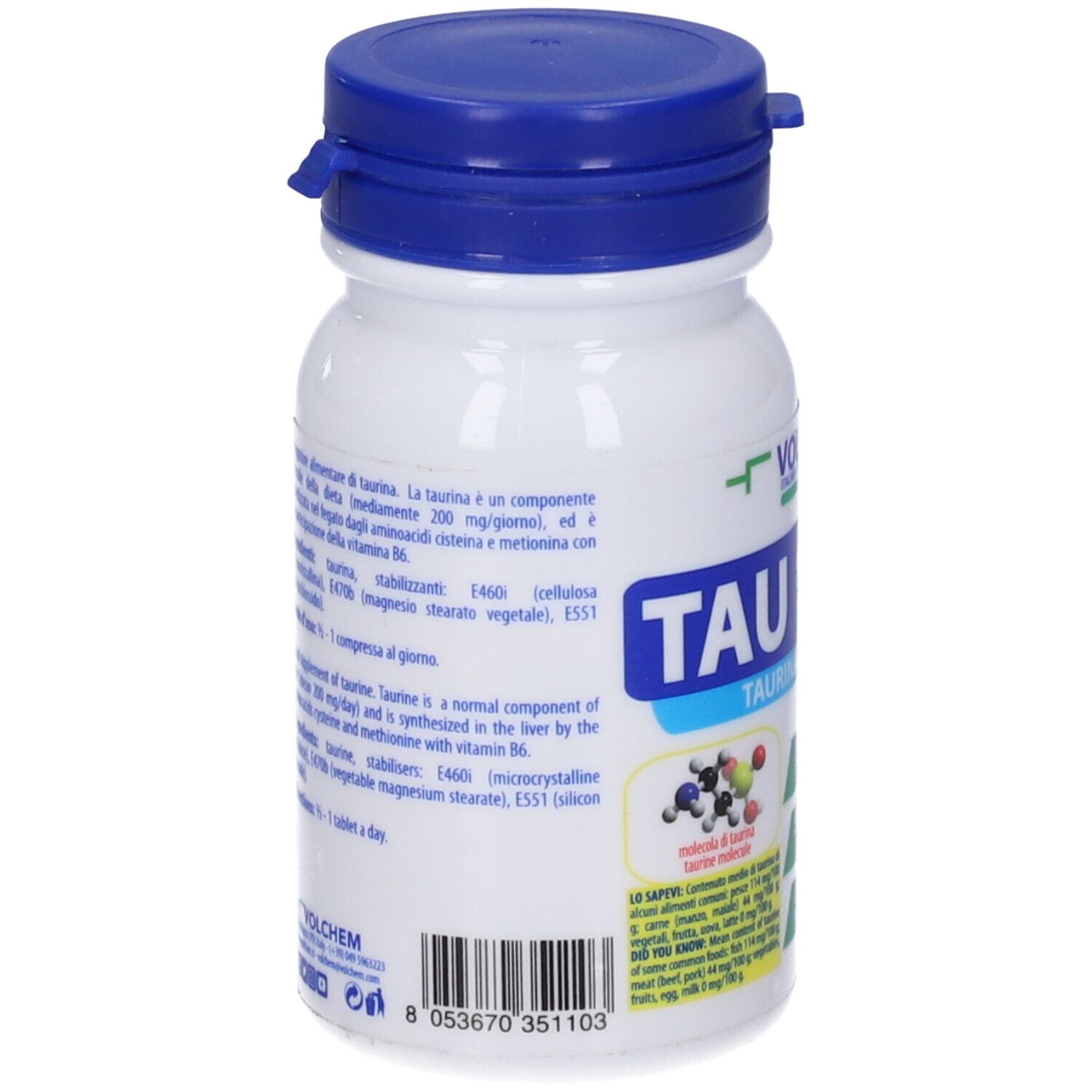 Retro di un flacone bianco con tappo blu. Testo: informazioni sulla taurina e ingredienti. Codice a barre e logo.